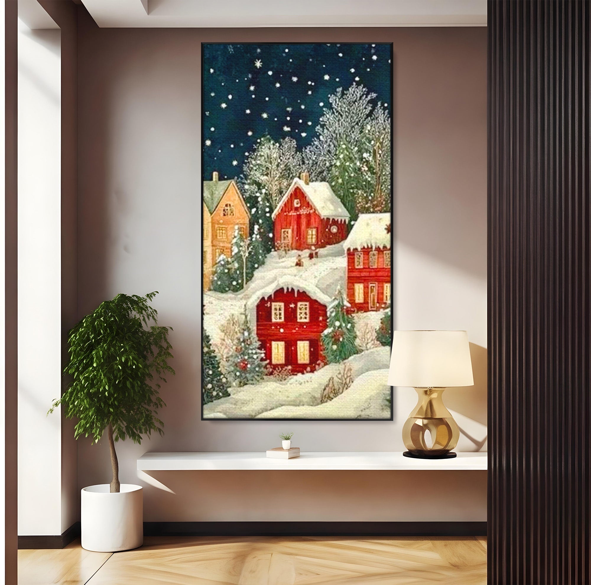 Tablou Canvas Premium LuxCanva® PI1395, Iarna in Satul de Poveste, Case, Luminate, Noapte, Natura, Culori Vibrante, Living, Dormitor