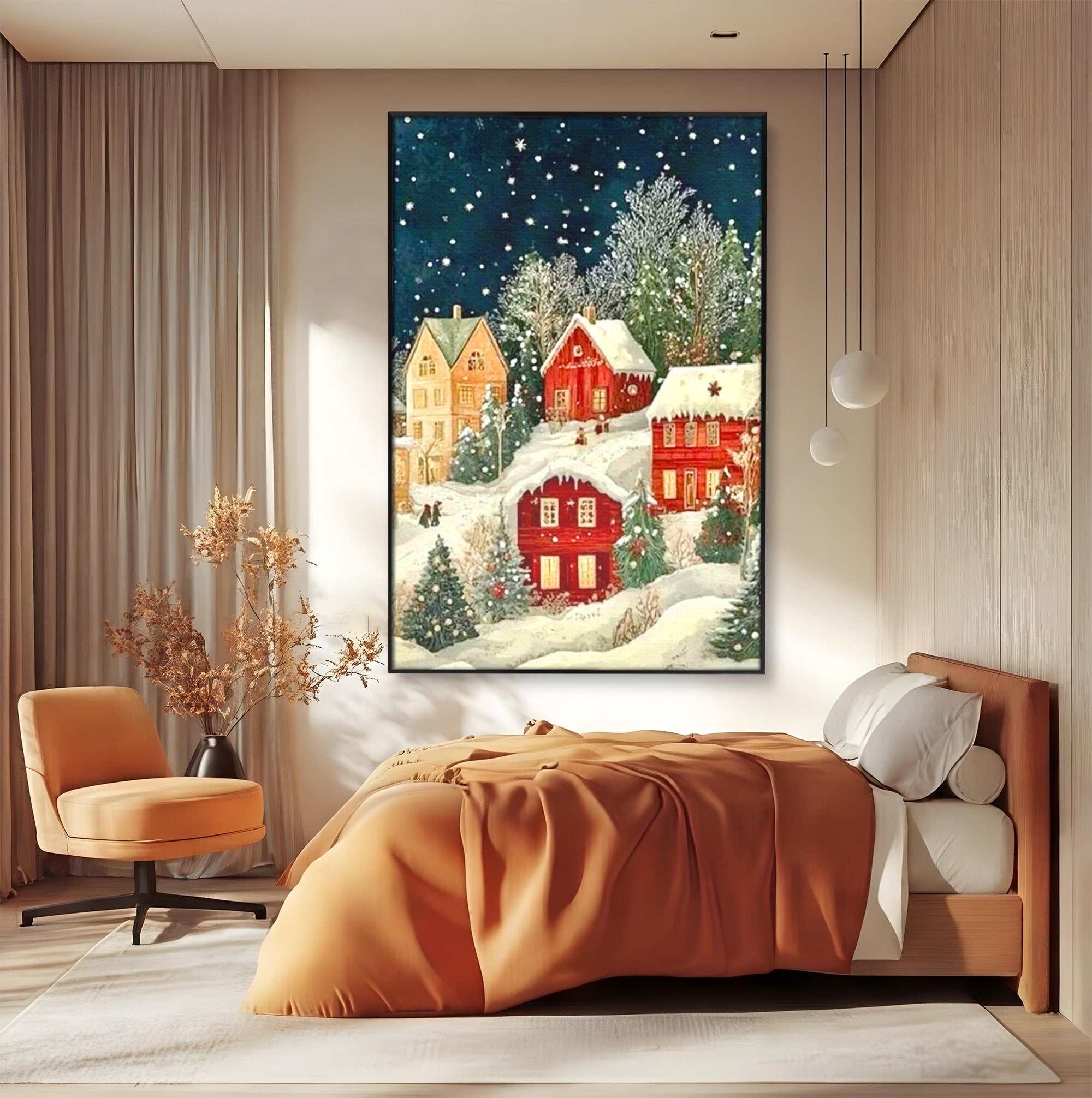 Tablou Canvas Premium LuxCanva® PI1395, Iarna in Satul de Poveste, Case, Luminate, Noapte, Natura, Culori Vibrante, Living, Dormitor