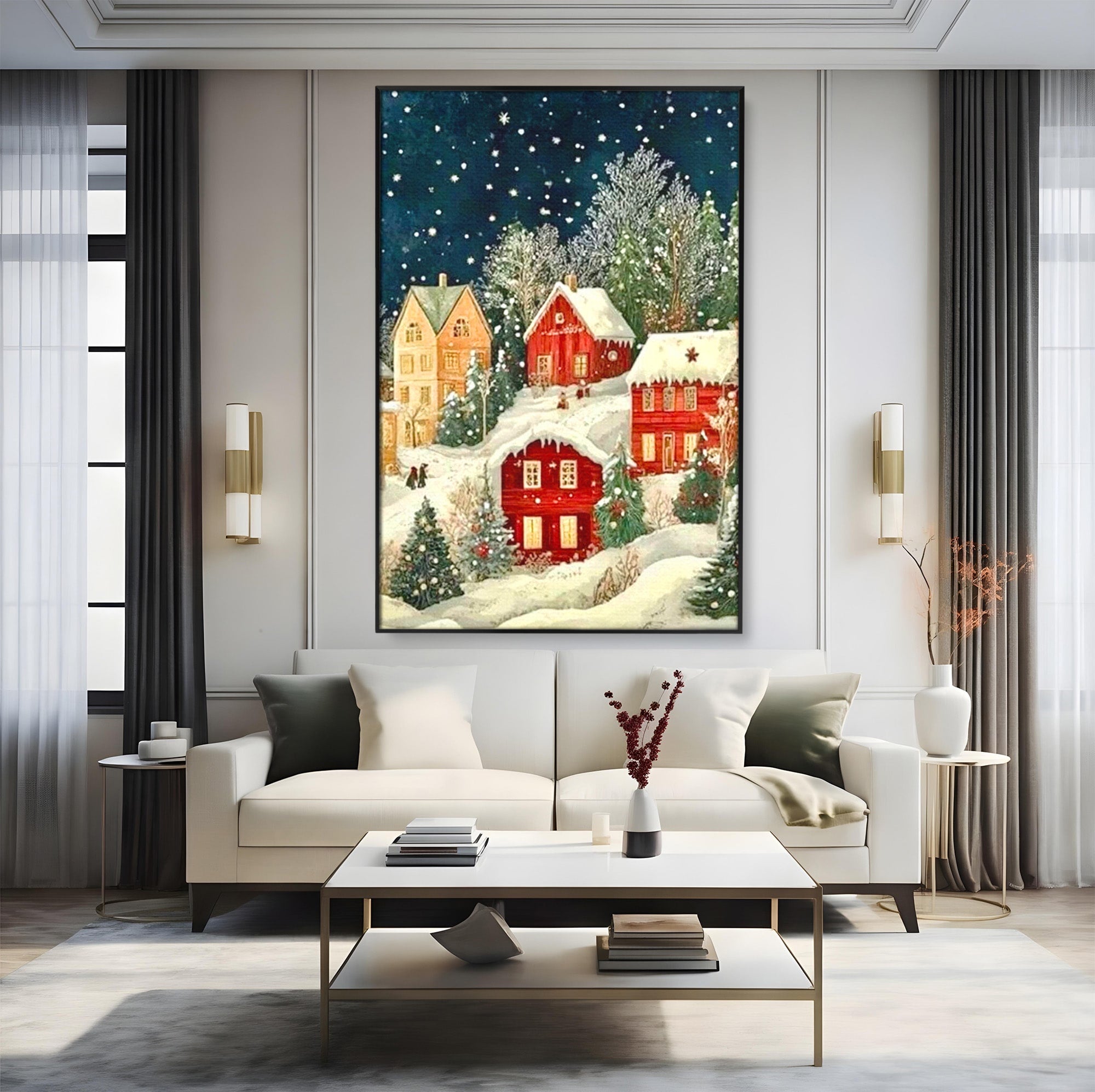 Tablou Canvas Premium LuxCanva® PI1395, Iarna in Satul de Poveste, Case, Luminate, Noapte, Natura, Culori Vibrante, Living, Dormitor