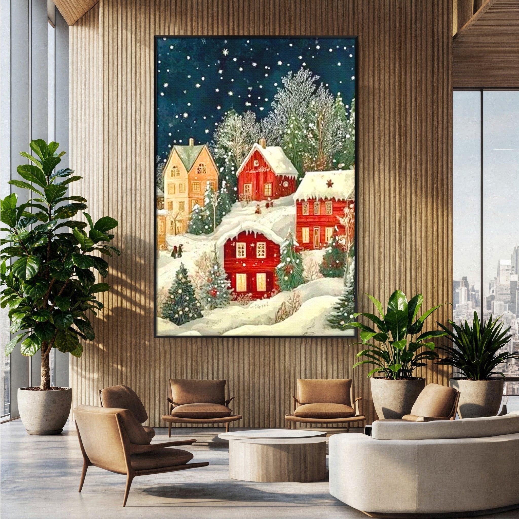 Tablou Canvas Premium LuxCanva® PI1395, Iarna in Satul de Poveste, Case, Luminate, Noapte, Natura, Culori Vibrante, Living, Dormitor