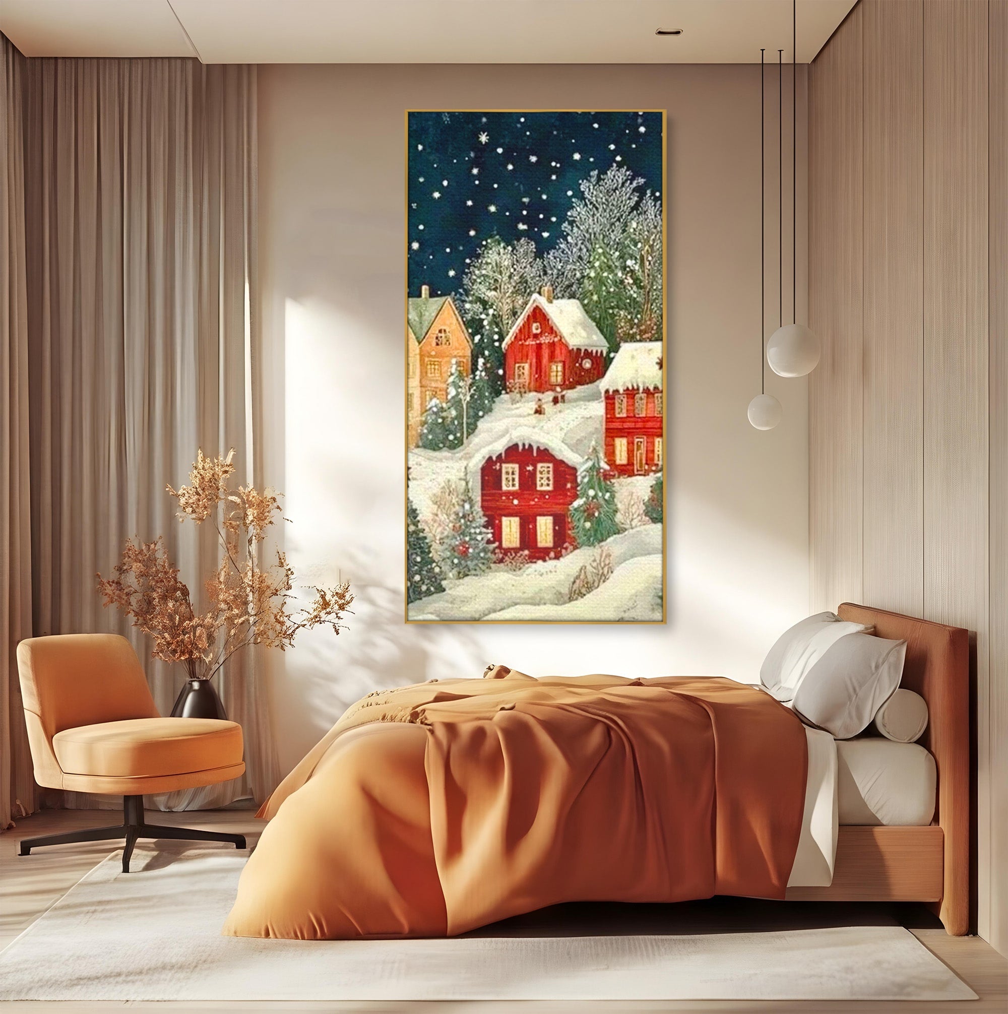 Tablou Canvas Premium LuxCanva® PI1395, Iarna in Satul de Poveste, Case, Luminate, Noapte, Natura, Culori Vibrante, Living, Dormitor