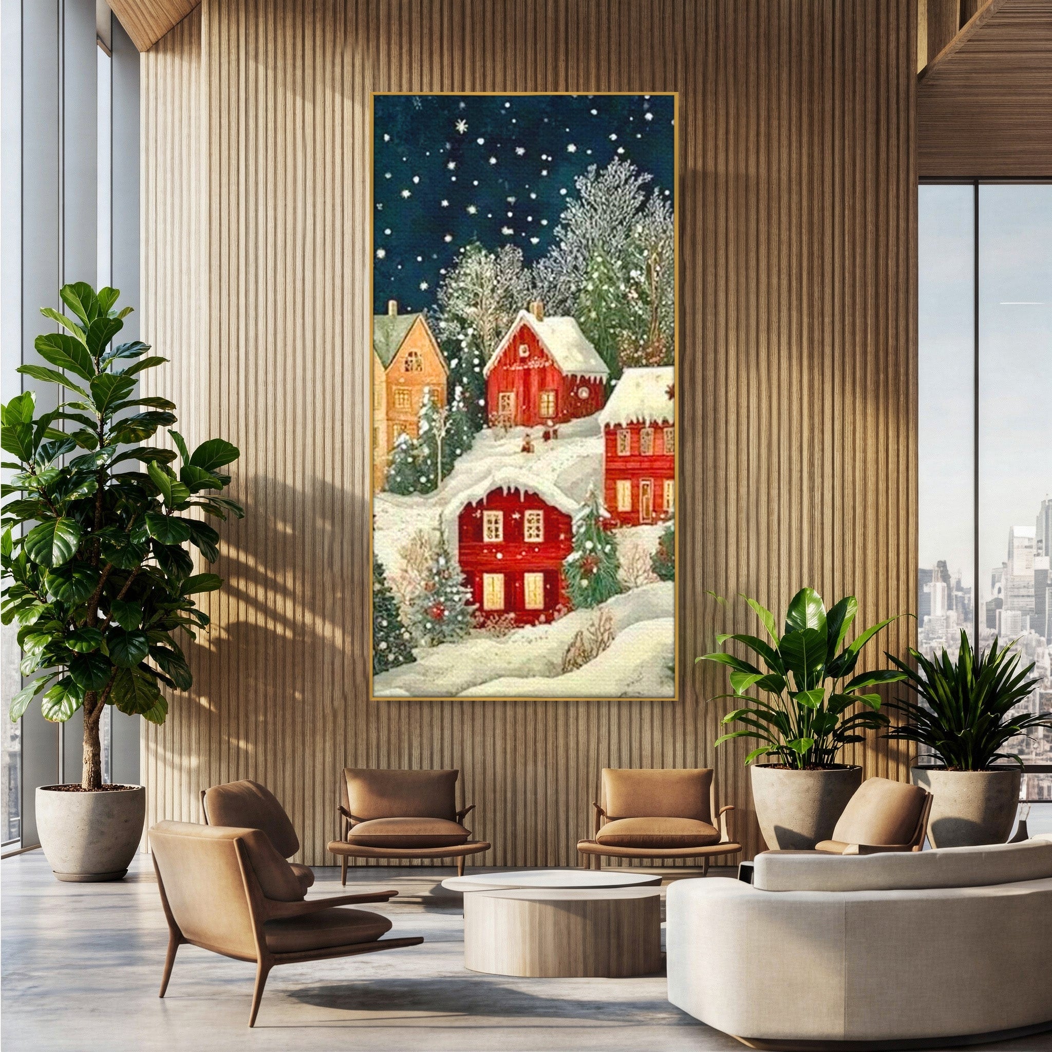 Tablou Canvas Premium LuxCanva® PI1395, Iarna in Satul de Poveste, Case, Luminate, Noapte, Natura, Culori Vibrante, Living, Dormitor