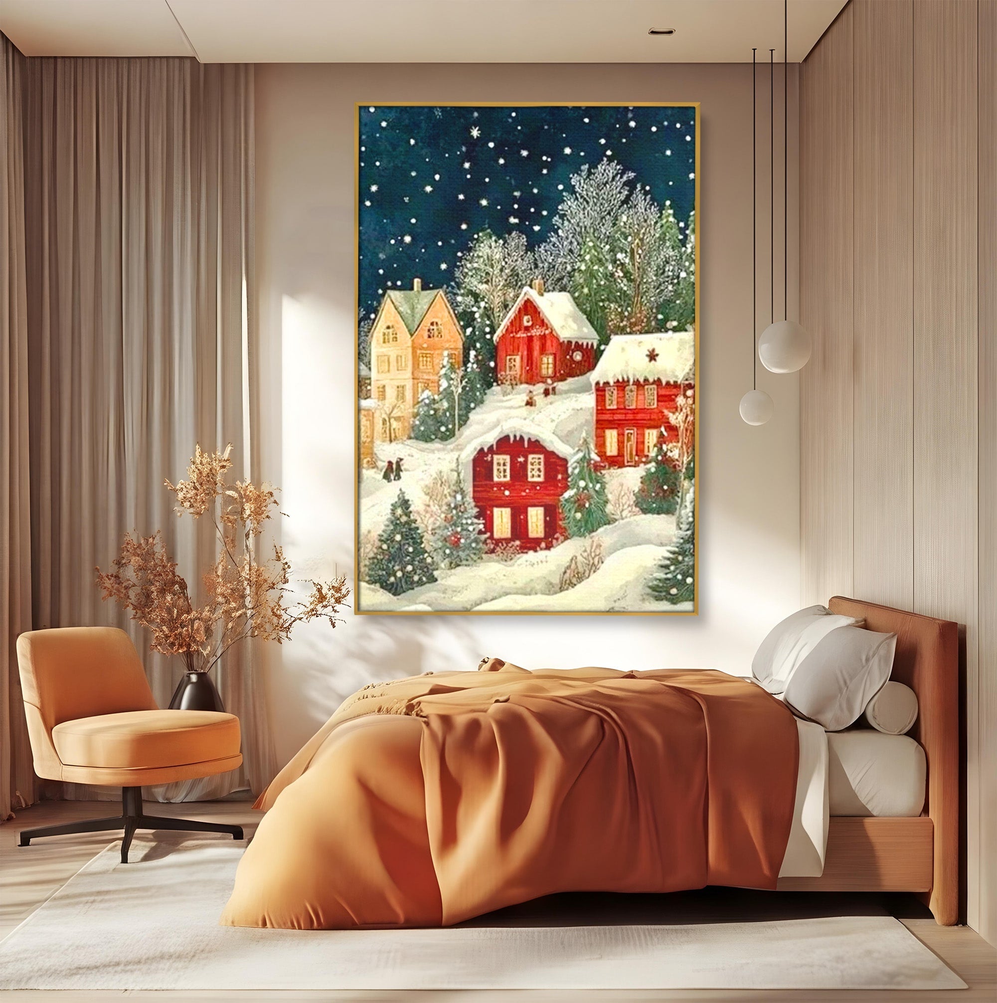 Tablou Canvas Premium LuxCanva® PI1395, Iarna in Satul de Poveste, Case, Luminate, Noapte, Natura, Culori Vibrante, Living, Dormitor