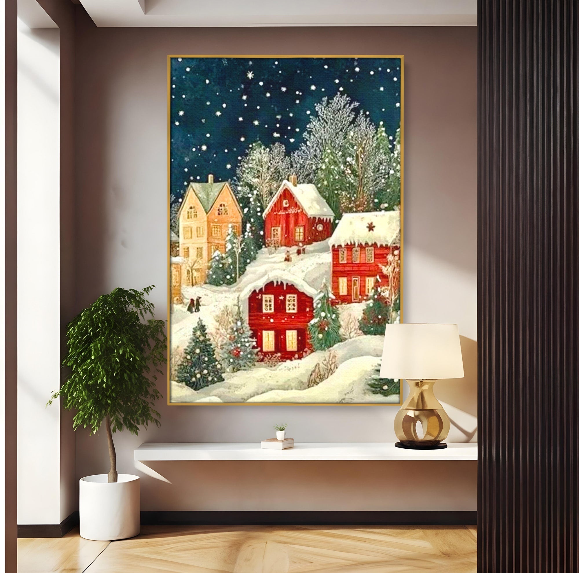 Tablou Canvas Premium LuxCanva® PI1395, Iarna in Satul de Poveste, Case, Luminate, Noapte, Natura, Culori Vibrante, Living, Dormitor
