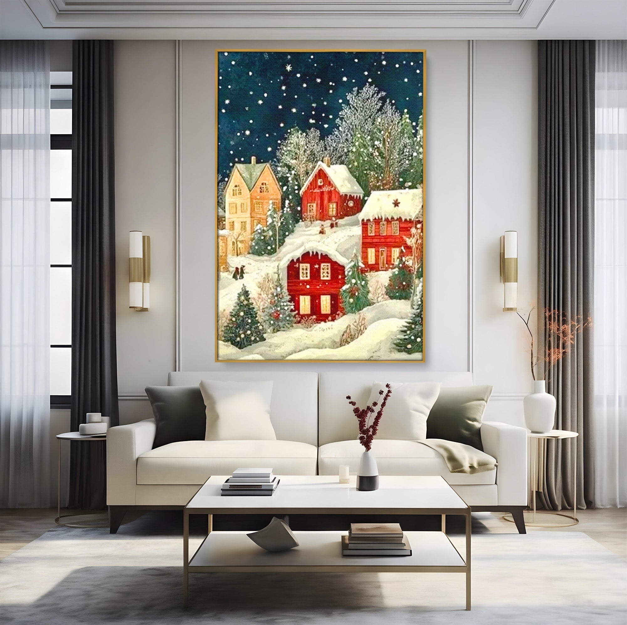 Tablou Canvas Premium LuxCanva® PI1395, Iarna in Satul de Poveste, Case, Luminate, Noapte, Natura, Culori Vibrante, Living, Dormitor