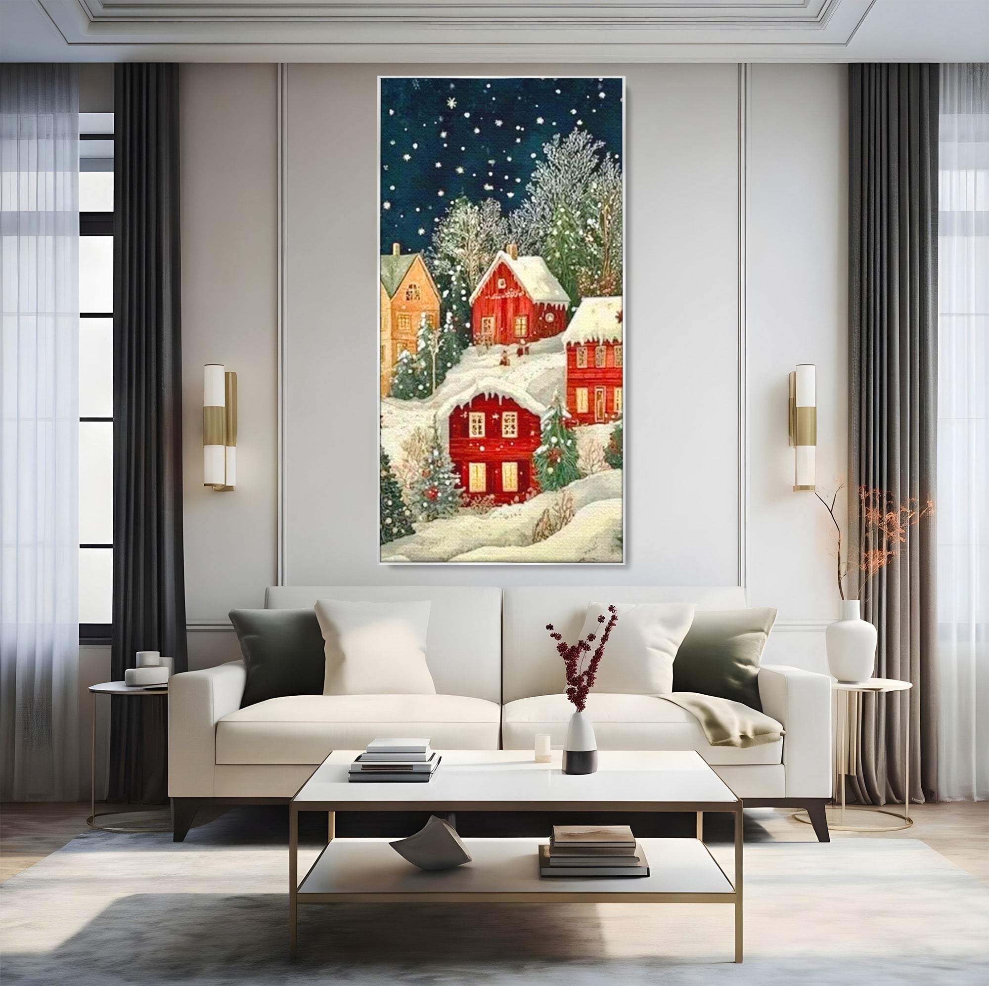 Tablou Canvas Premium LuxCanva® PI1395, Iarna in Satul de Poveste, Case, Luminate, Noapte, Natura, Culori Vibrante, Living, Dormitor