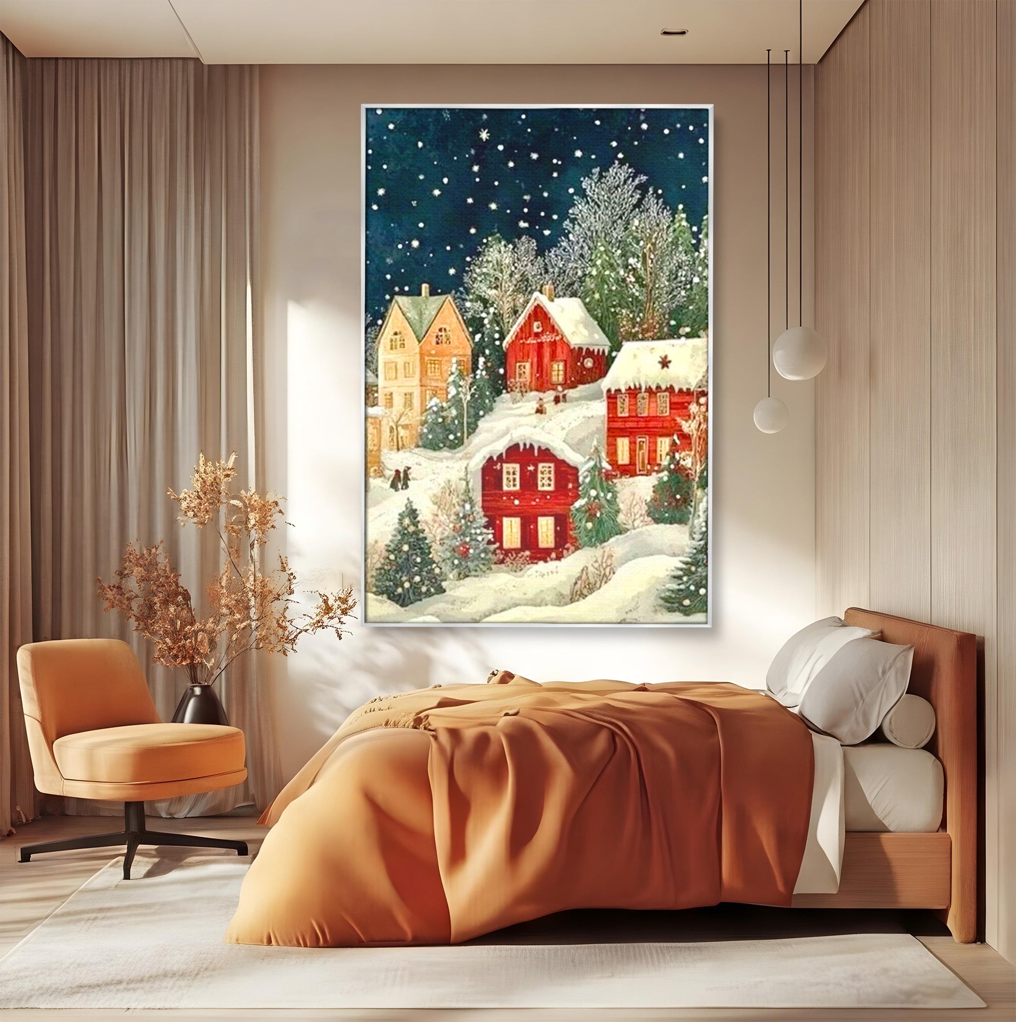 Tablou Canvas Premium LuxCanva® PI1395, Iarna in Satul de Poveste, Case, Luminate, Noapte, Natura, Culori Vibrante, Living, Dormitor