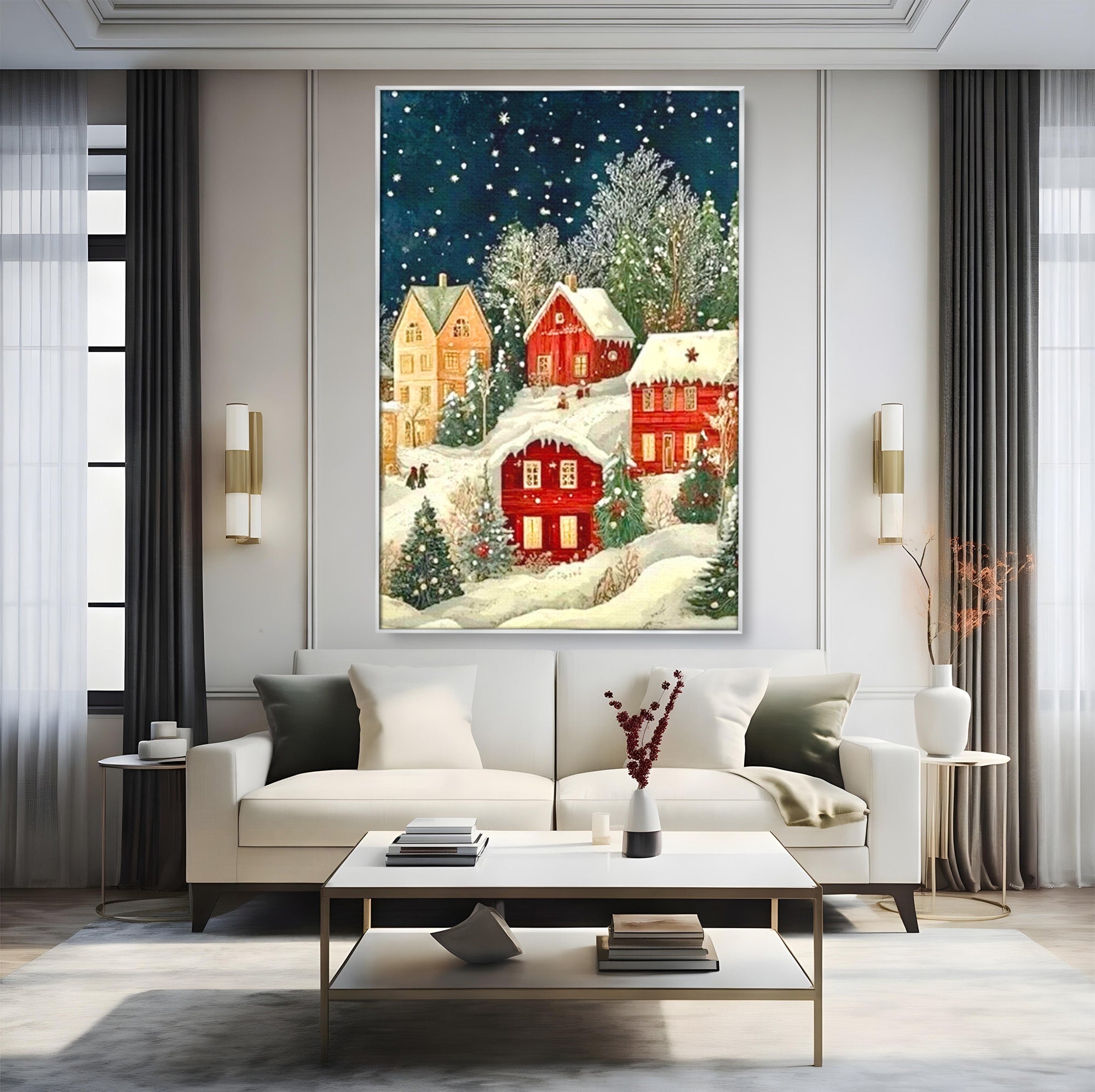 Tablou Canvas Premium LuxCanva® PI1395, Iarna in Satul de Poveste, Case, Luminate, Noapte, Natura, Culori Vibrante, Living, Dormitor