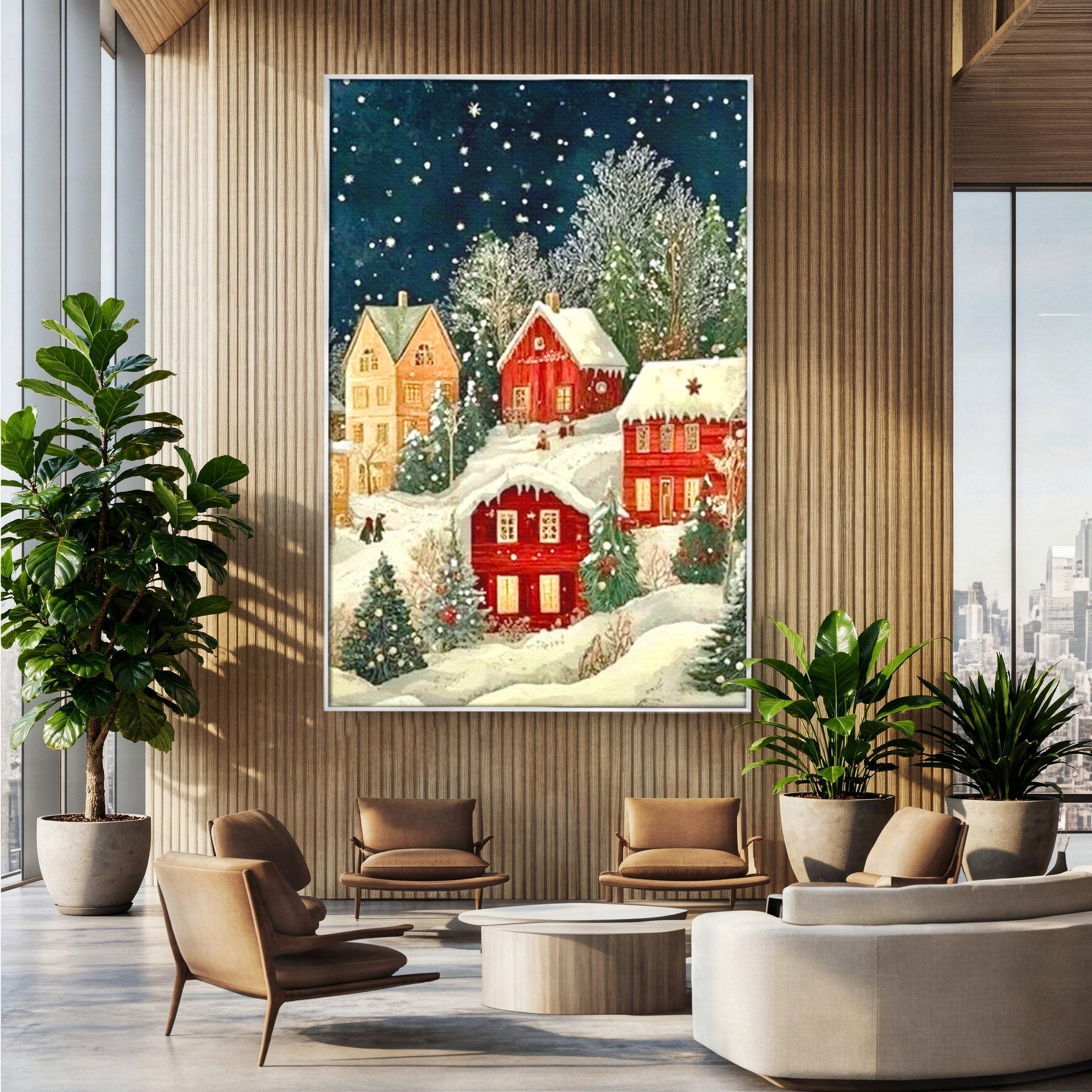 Tablou Canvas Premium LuxCanva® PI1395, Iarna in Satul de Poveste, Case, Luminate, Noapte, Natura, Culori Vibrante, Living, Dormitor