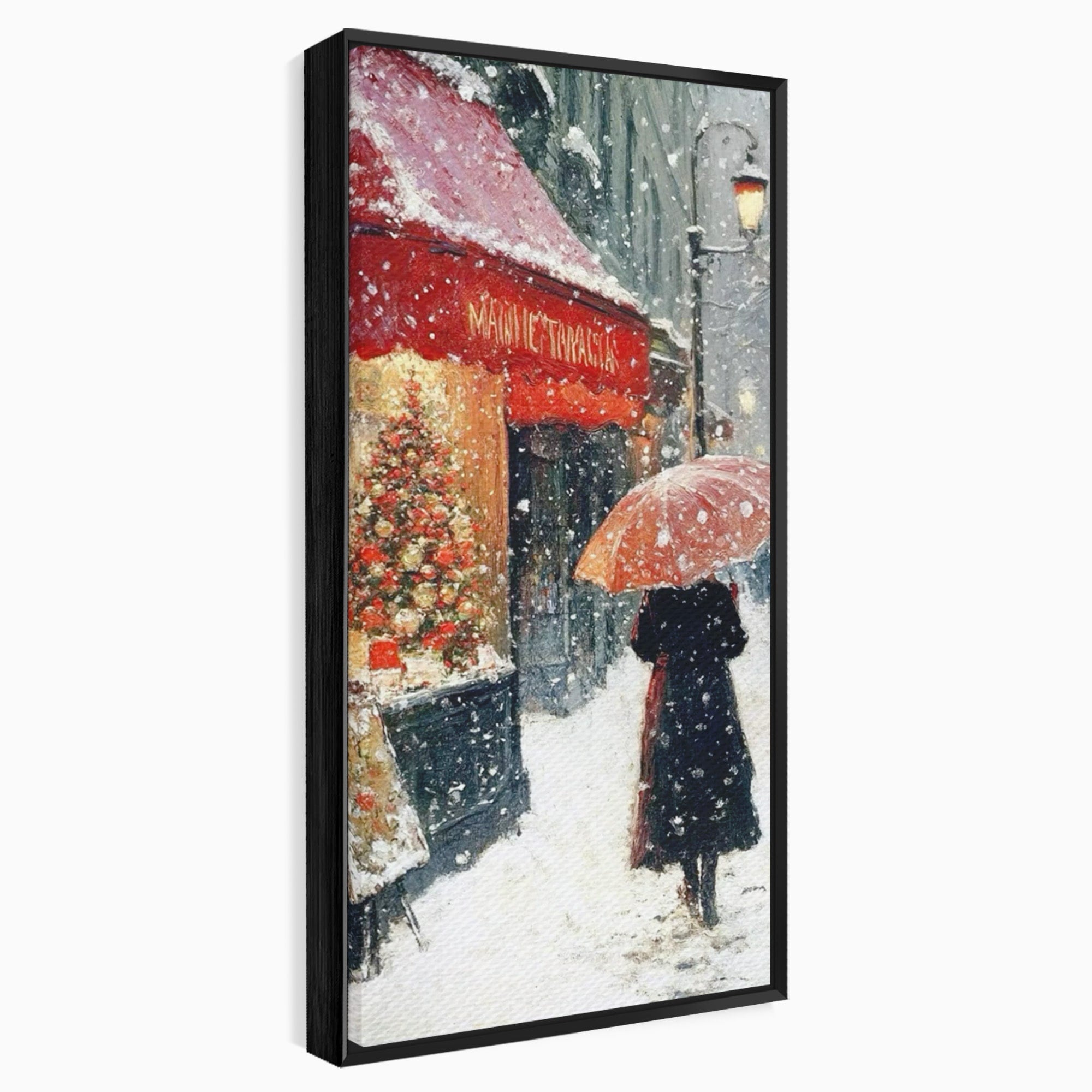 Tablou Canvas Premium LuxCanva® PI1396, Plimbare Pe Ninsoare, Iarna, Craciun, Noapte, Ajun, Oras, Umbrela, Romantic, Culori Vibrante, Living, Dormitor