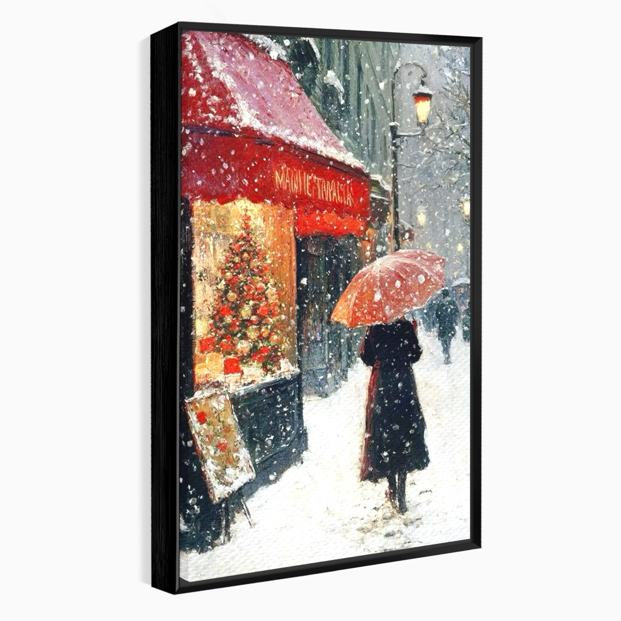 Tablou Canvas Premium LuxCanva® PI1396, Plimbare Pe Ninsoare, Iarna, Craciun, Noapte, Ajun, Oras, Umbrela, Romantic, Culori Vibrante, Living, Dormitor