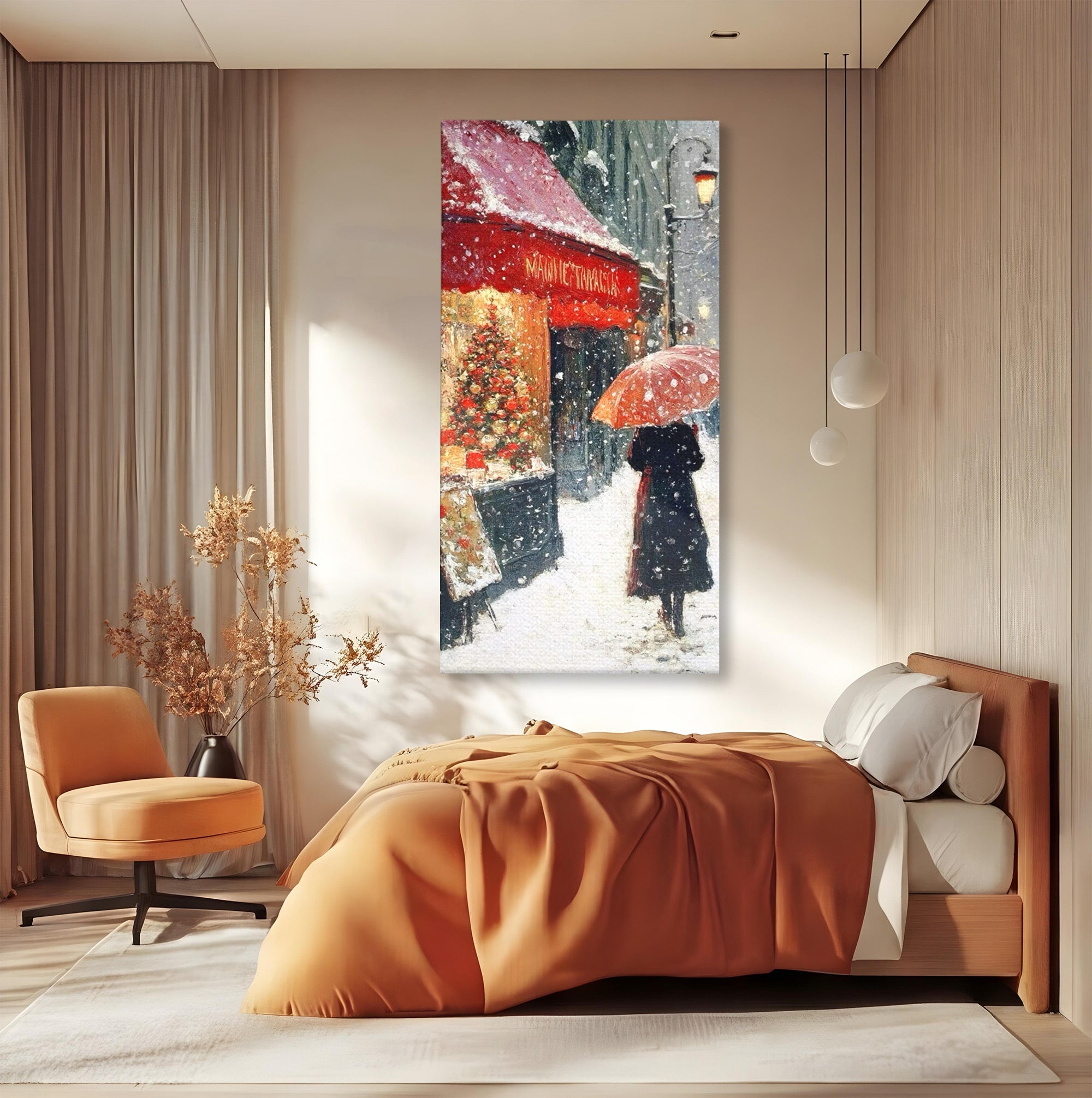 Tablou Canvas Premium LuxCanva® PI1396, Plimbare Pe Ninsoare, Iarna, Craciun, Noapte, Ajun, Oras, Umbrela, Romantic, Culori Vibrante, Living, Dormitor
