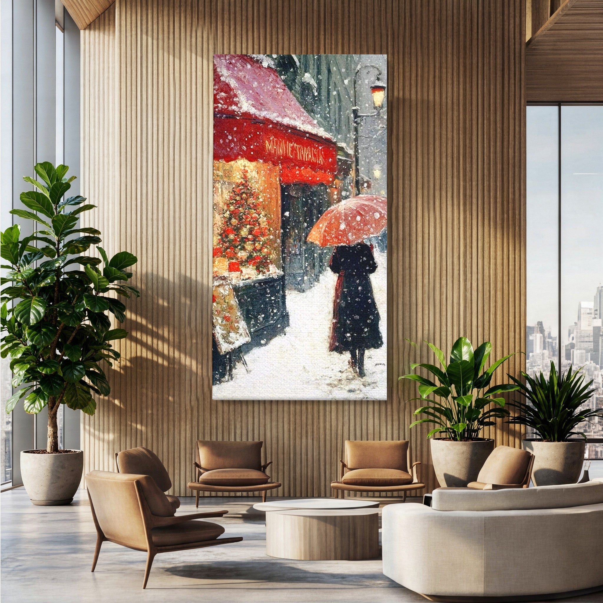 Tablou Canvas Premium LuxCanva® PI1396, Plimbare Pe Ninsoare, Iarna, Craciun, Noapte, Ajun, Oras, Umbrela, Romantic, Culori Vibrante, Living, Dormitor
