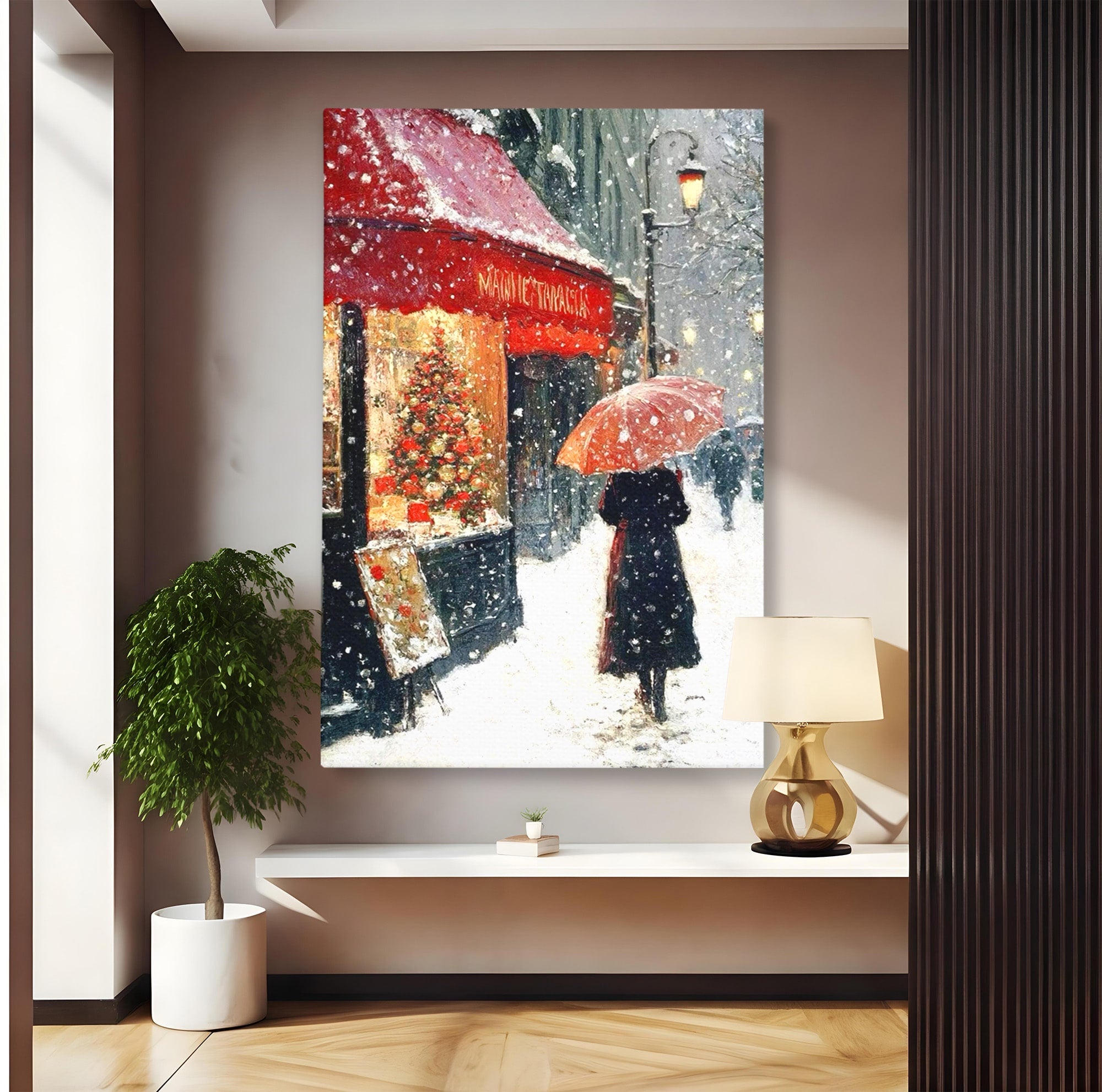 Tablou Canvas Premium LuxCanva® PI1396, Plimbare Pe Ninsoare, Iarna, Craciun, Noapte, Ajun, Oras, Umbrela, Romantic, Culori Vibrante, Living, Dormitor