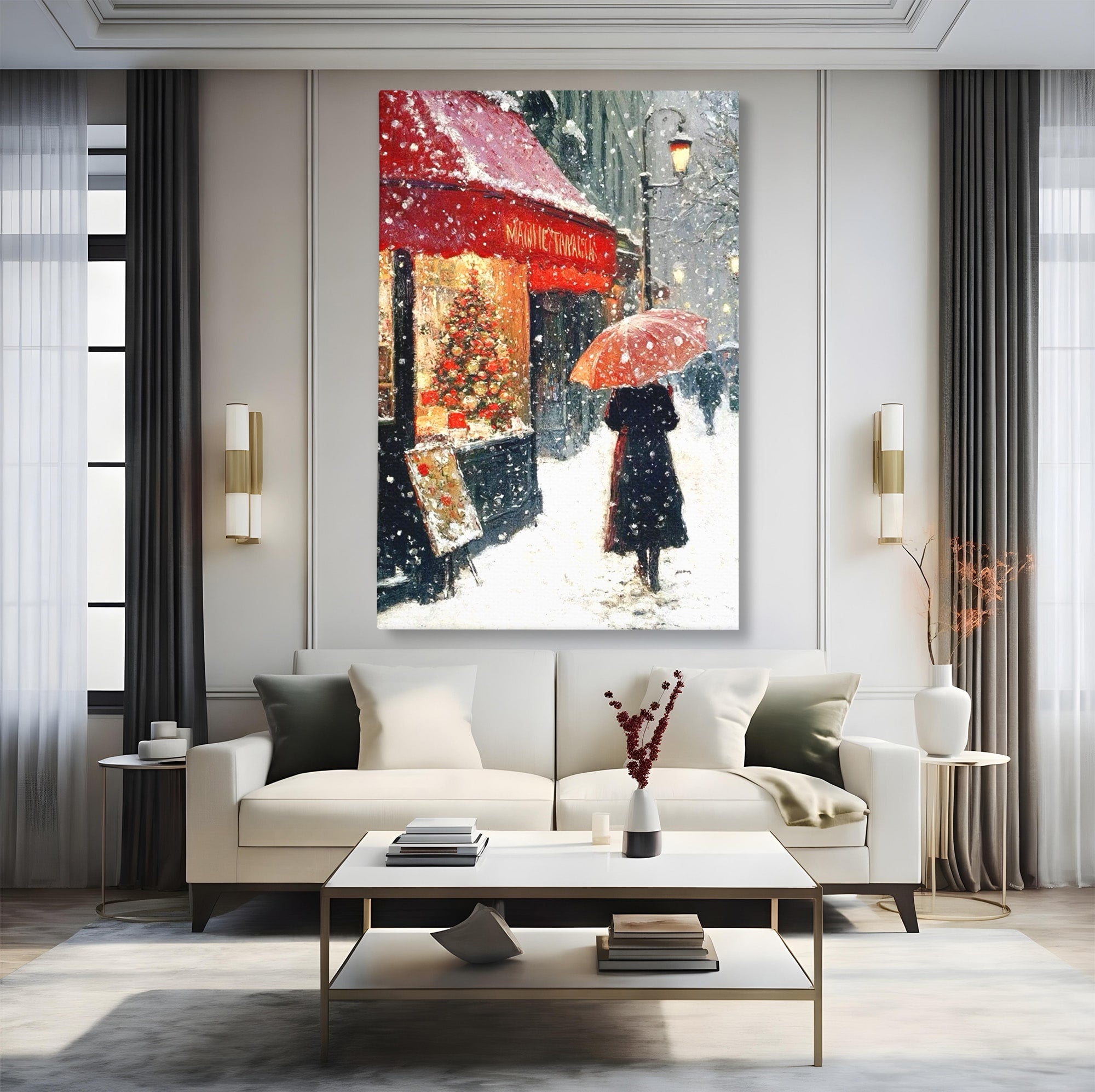 Tablou Canvas Premium LuxCanva® PI1396, Plimbare Pe Ninsoare, Iarna, Craciun, Noapte, Ajun, Oras, Umbrela, Romantic, Culori Vibrante, Living, Dormitor