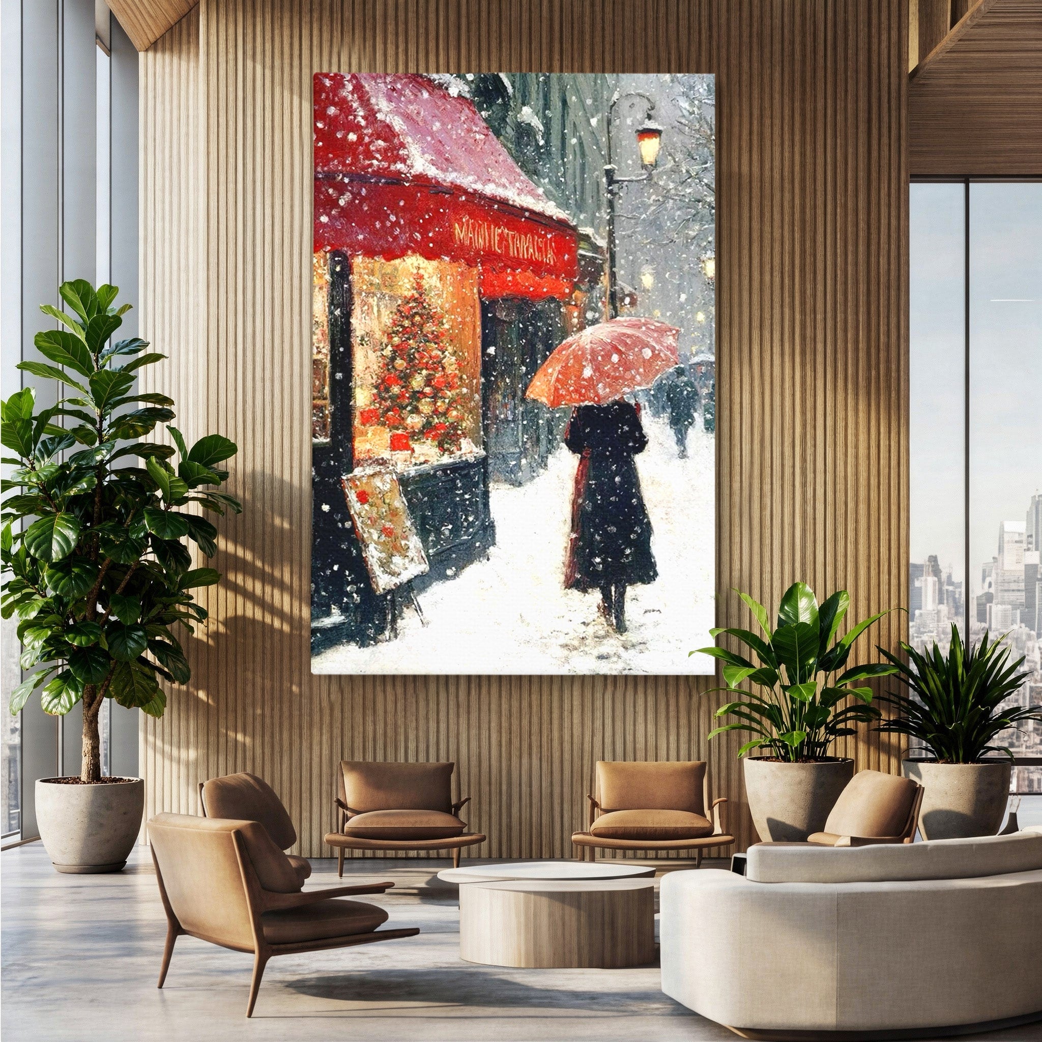 Tablou Canvas Premium LuxCanva® PI1396, Plimbare Pe Ninsoare, Iarna, Craciun, Noapte, Ajun, Oras, Umbrela, Romantic, Culori Vibrante, Living, Dormitor
