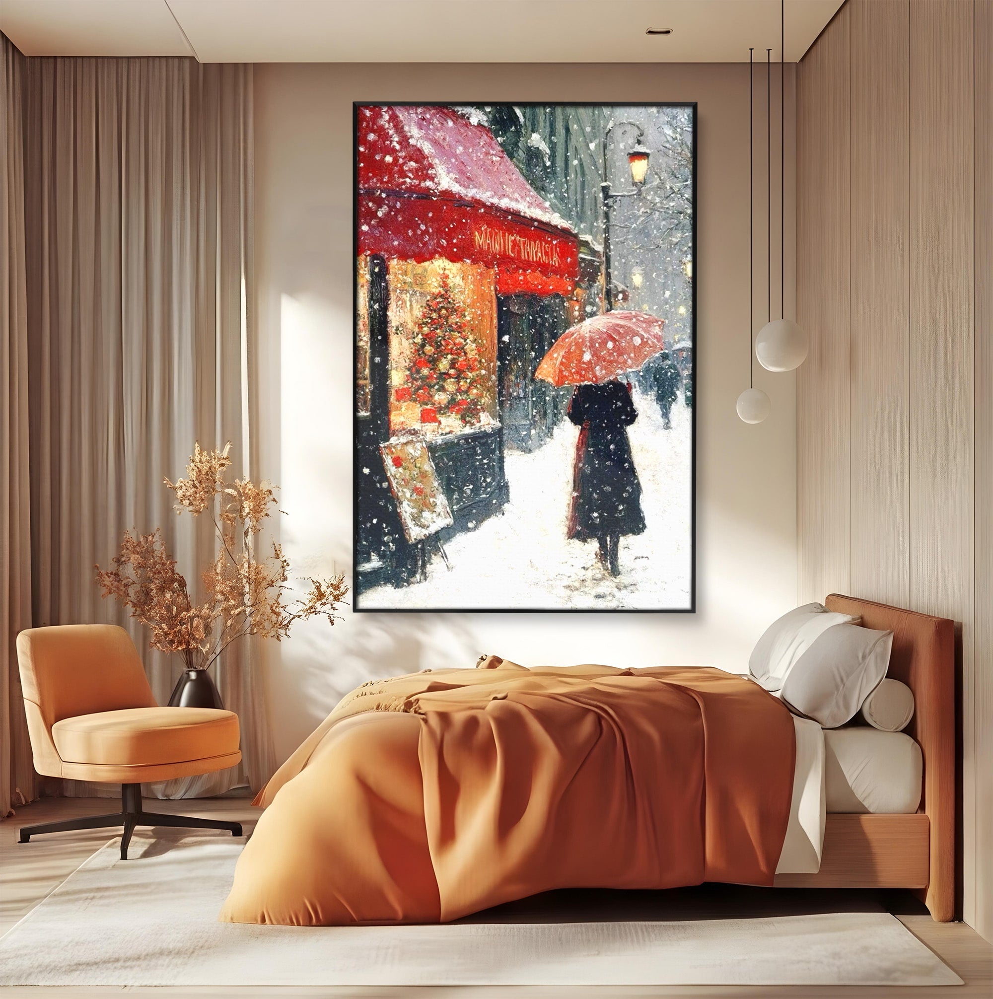Tablou Canvas Premium LuxCanva® PI1396, Plimbare Pe Ninsoare, Iarna, Craciun, Noapte, Ajun, Oras, Umbrela, Romantic, Culori Vibrante, Living, Dormitor