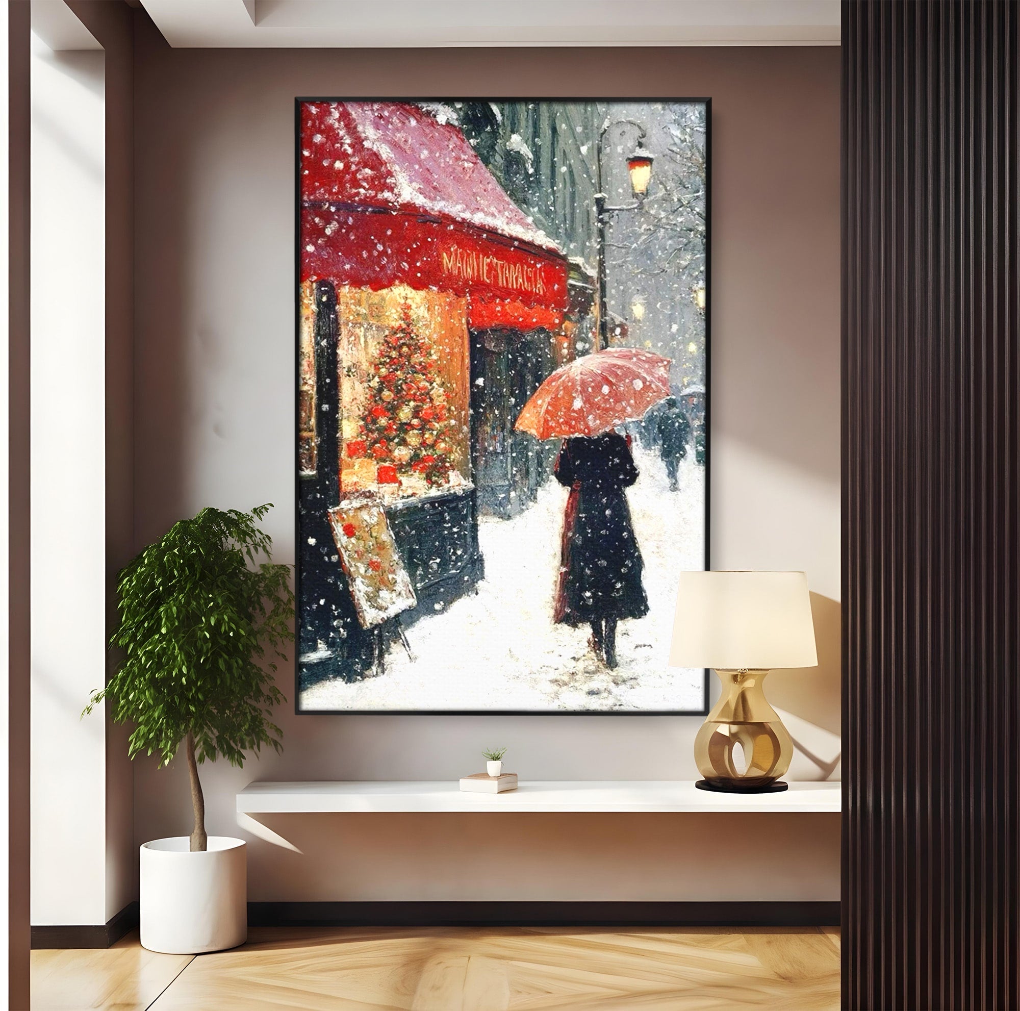 Tablou Canvas Premium LuxCanva® PI1396, Plimbare Pe Ninsoare, Iarna, Craciun, Noapte, Ajun, Oras, Umbrela, Romantic, Culori Vibrante, Living, Dormitor