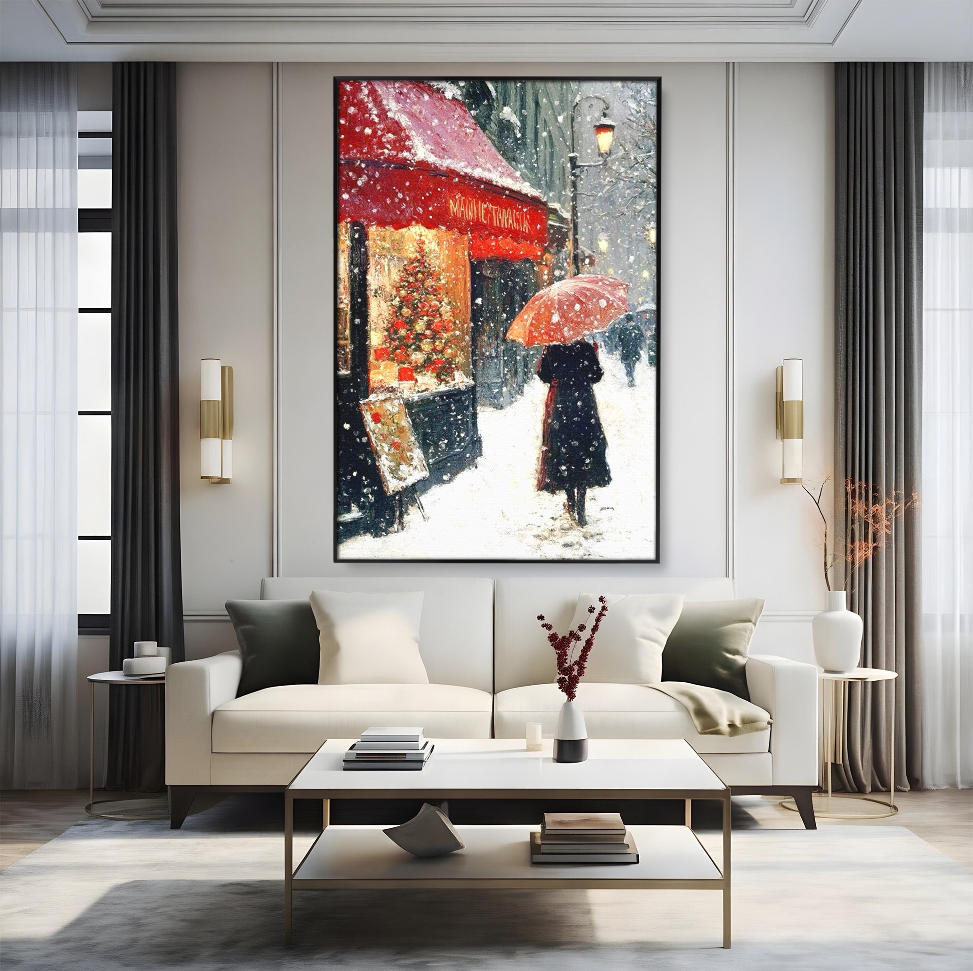 Tablou Canvas Premium LuxCanva® PI1396, Plimbare Pe Ninsoare, Iarna, Craciun, Noapte, Ajun, Oras, Umbrela, Romantic, Culori Vibrante, Living, Dormitor