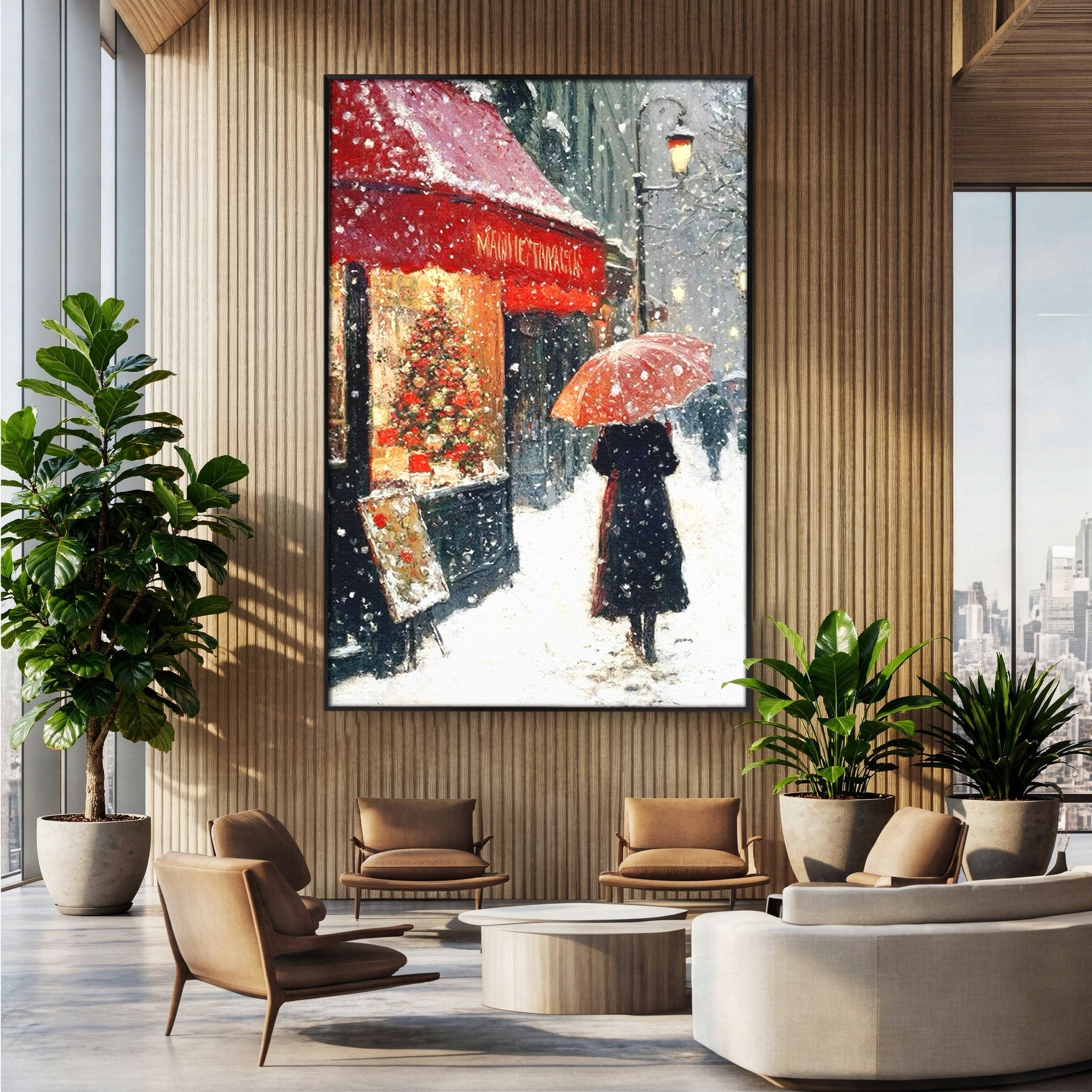 Tablou Canvas Premium LuxCanva® PI1396, Plimbare Pe Ninsoare, Iarna, Craciun, Noapte, Ajun, Oras, Umbrela, Romantic, Culori Vibrante, Living, Dormitor