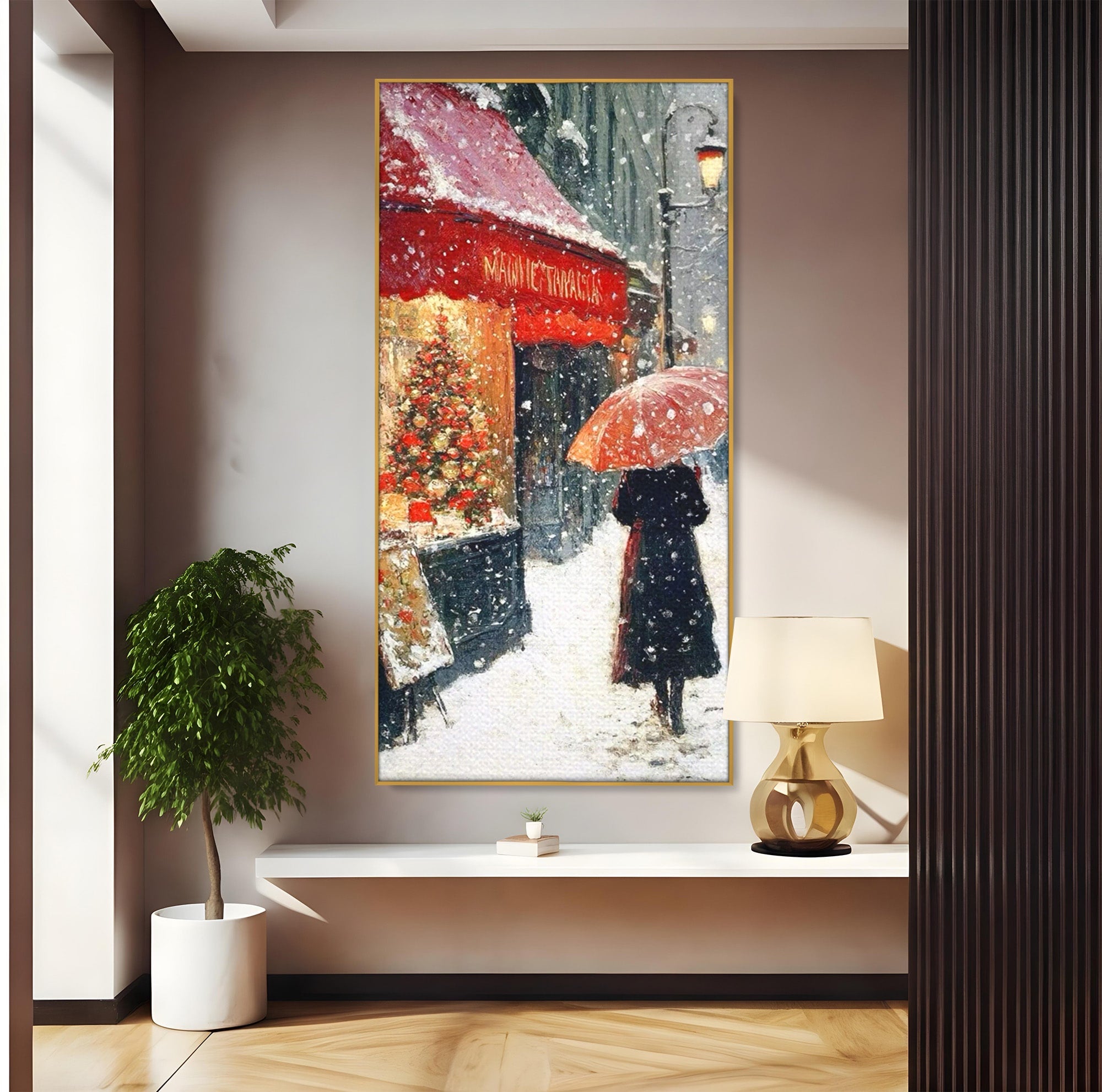 Tablou Canvas Premium LuxCanva® PI1396, Plimbare Pe Ninsoare, Iarna, Craciun, Noapte, Ajun, Oras, Umbrela, Romantic, Culori Vibrante, Living, Dormitor