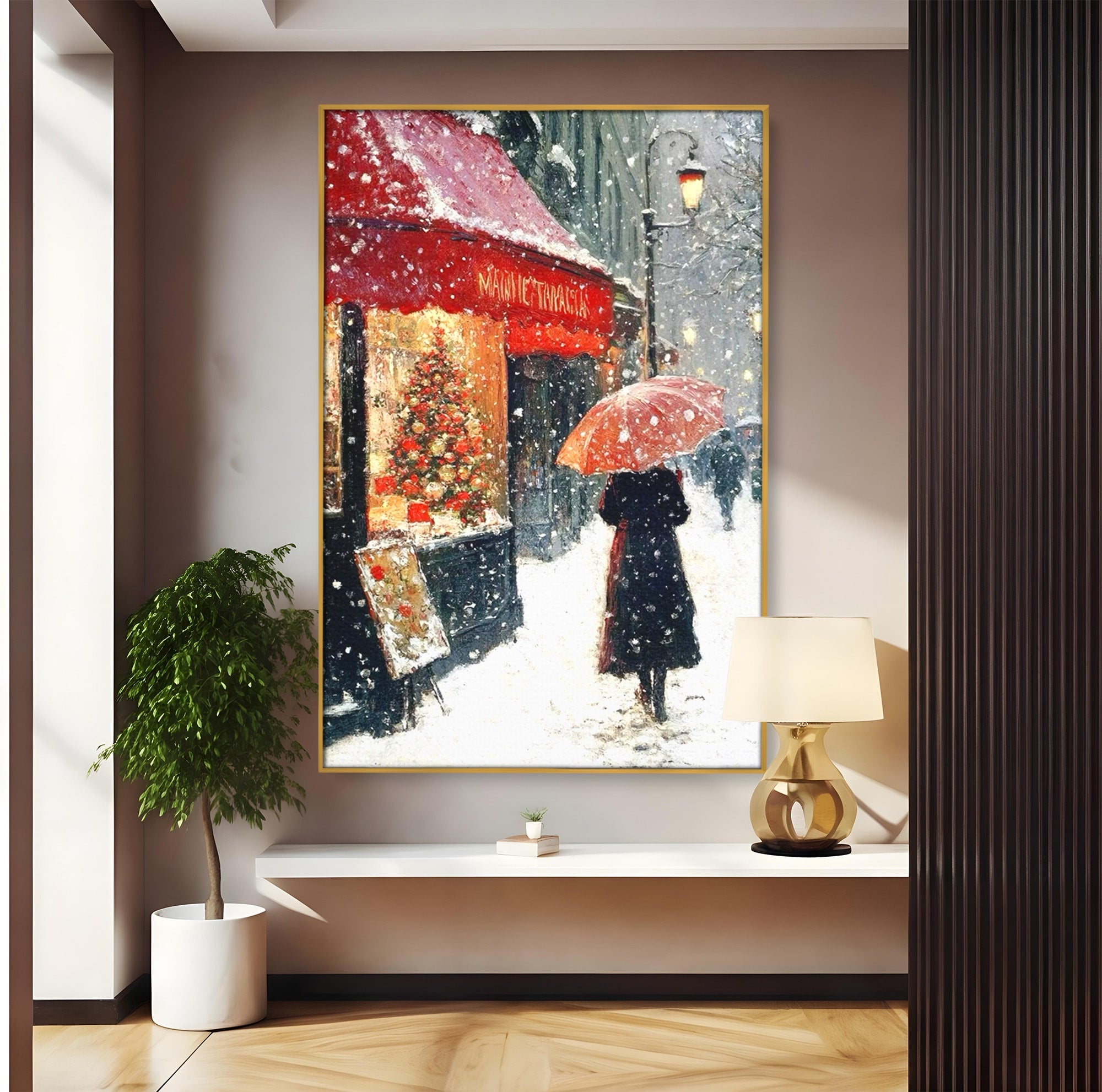 Tablou Canvas Premium LuxCanva® PI1396, Plimbare Pe Ninsoare, Iarna, Craciun, Noapte, Ajun, Oras, Umbrela, Romantic, Culori Vibrante, Living, Dormitor