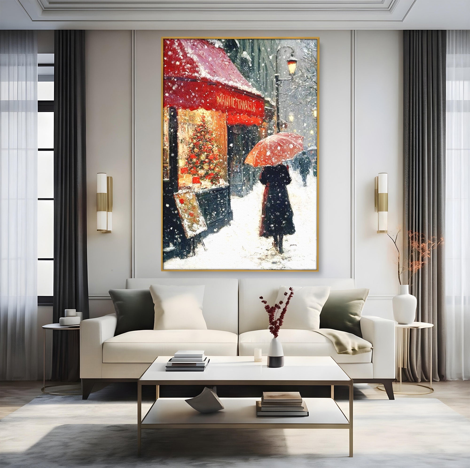 Tablou Canvas Premium LuxCanva® PI1396, Plimbare Pe Ninsoare, Iarna, Craciun, Noapte, Ajun, Oras, Umbrela, Romantic, Culori Vibrante, Living, Dormitor