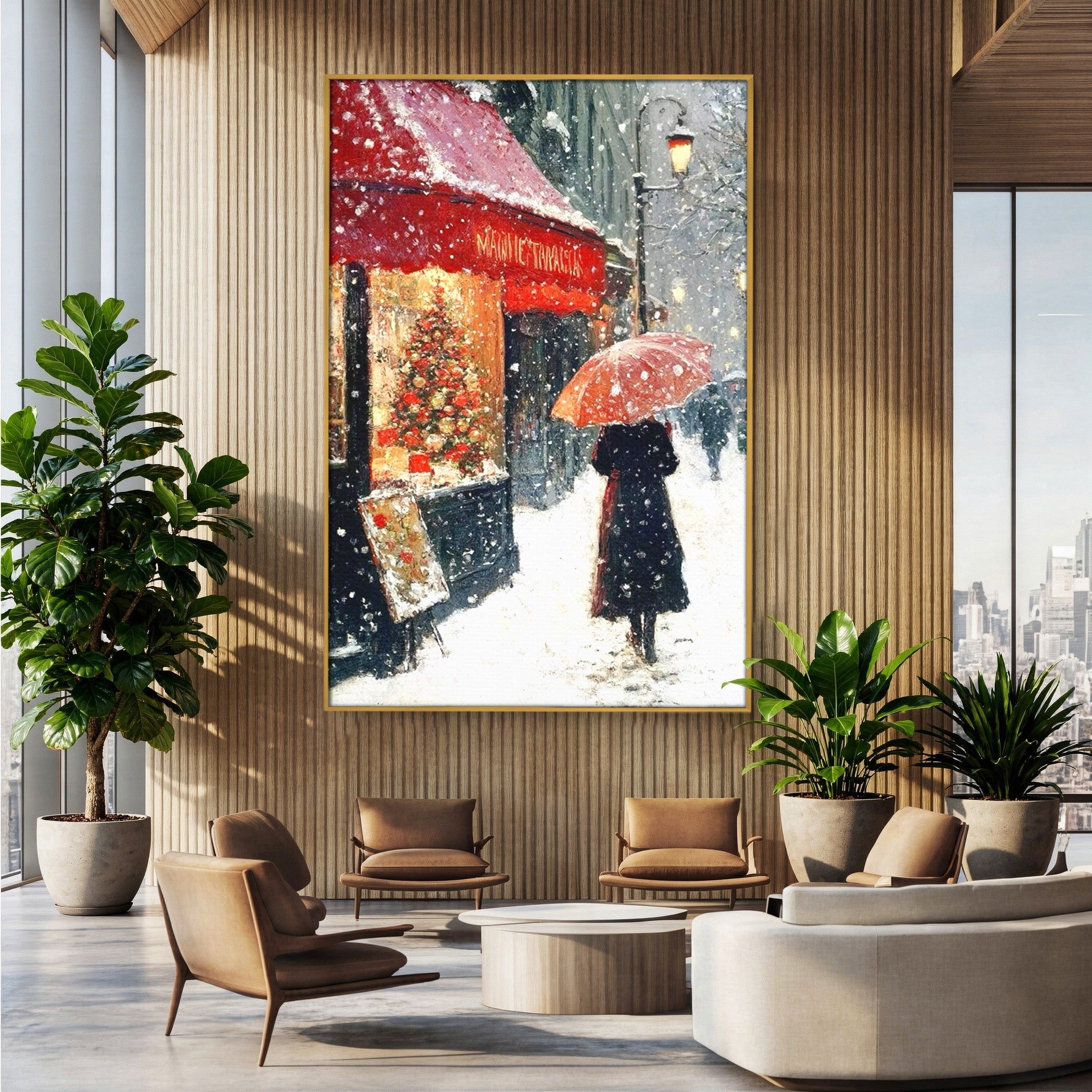 Tablou Canvas Premium LuxCanva® PI1396, Plimbare Pe Ninsoare, Iarna, Craciun, Noapte, Ajun, Oras, Umbrela, Romantic, Culori Vibrante, Living, Dormitor