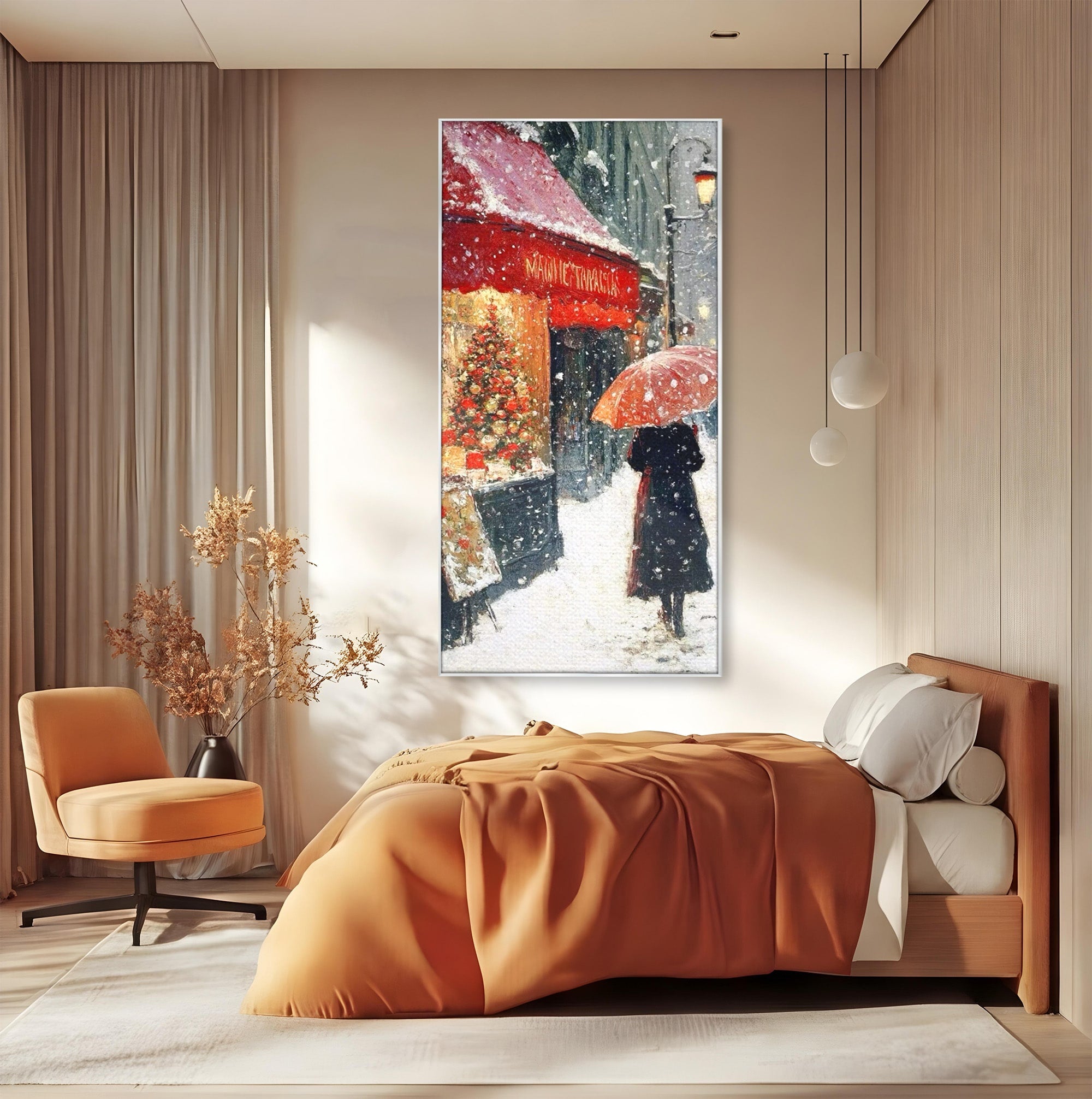 Tablou Canvas Premium LuxCanva® PI1396, Plimbare Pe Ninsoare, Iarna, Craciun, Noapte, Ajun, Oras, Umbrela, Romantic, Culori Vibrante, Living, Dormitor