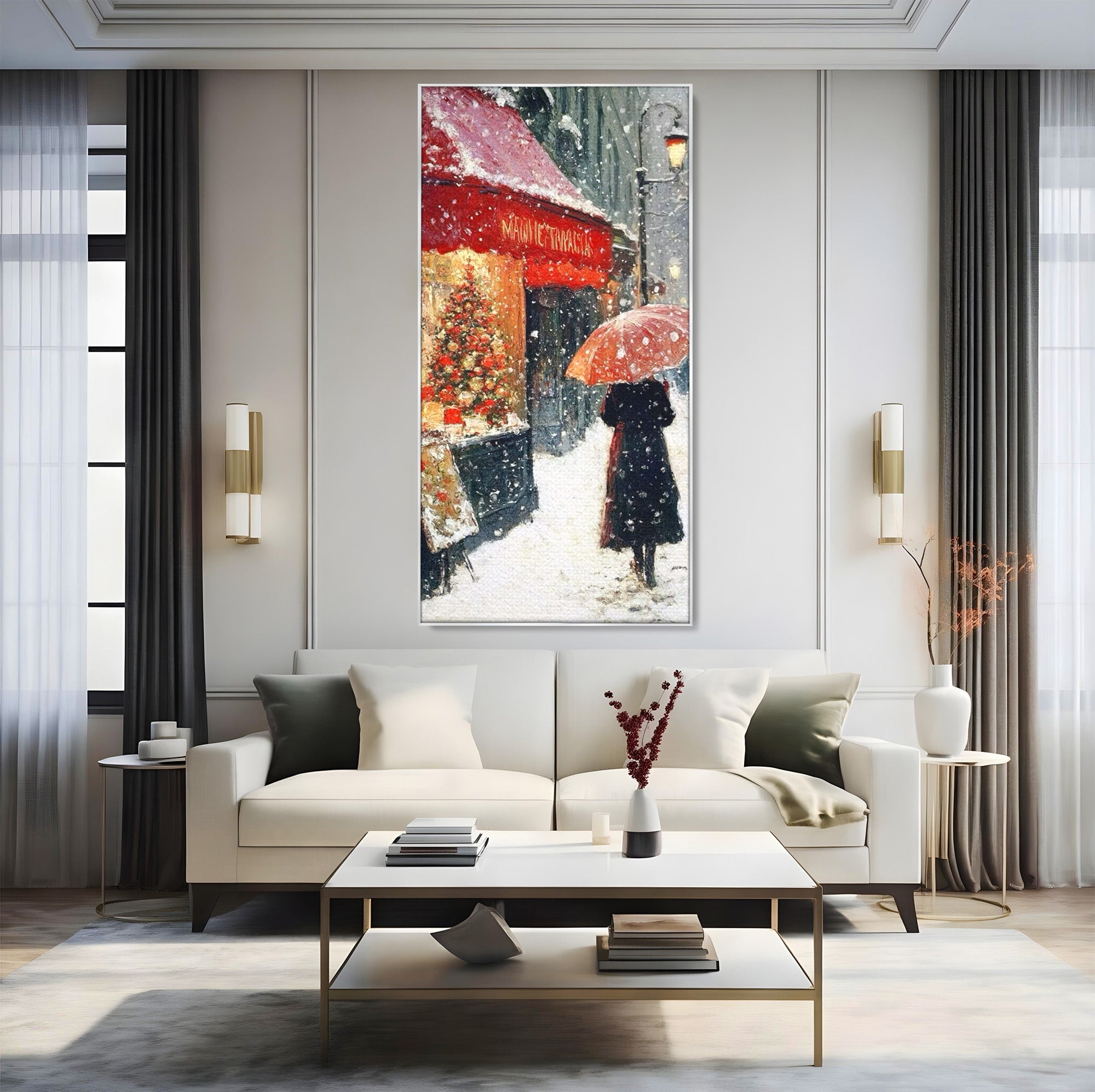 Tablou Canvas Premium LuxCanva® PI1396, Plimbare Pe Ninsoare, Iarna, Craciun, Noapte, Ajun, Oras, Umbrela, Romantic, Culori Vibrante, Living, Dormitor