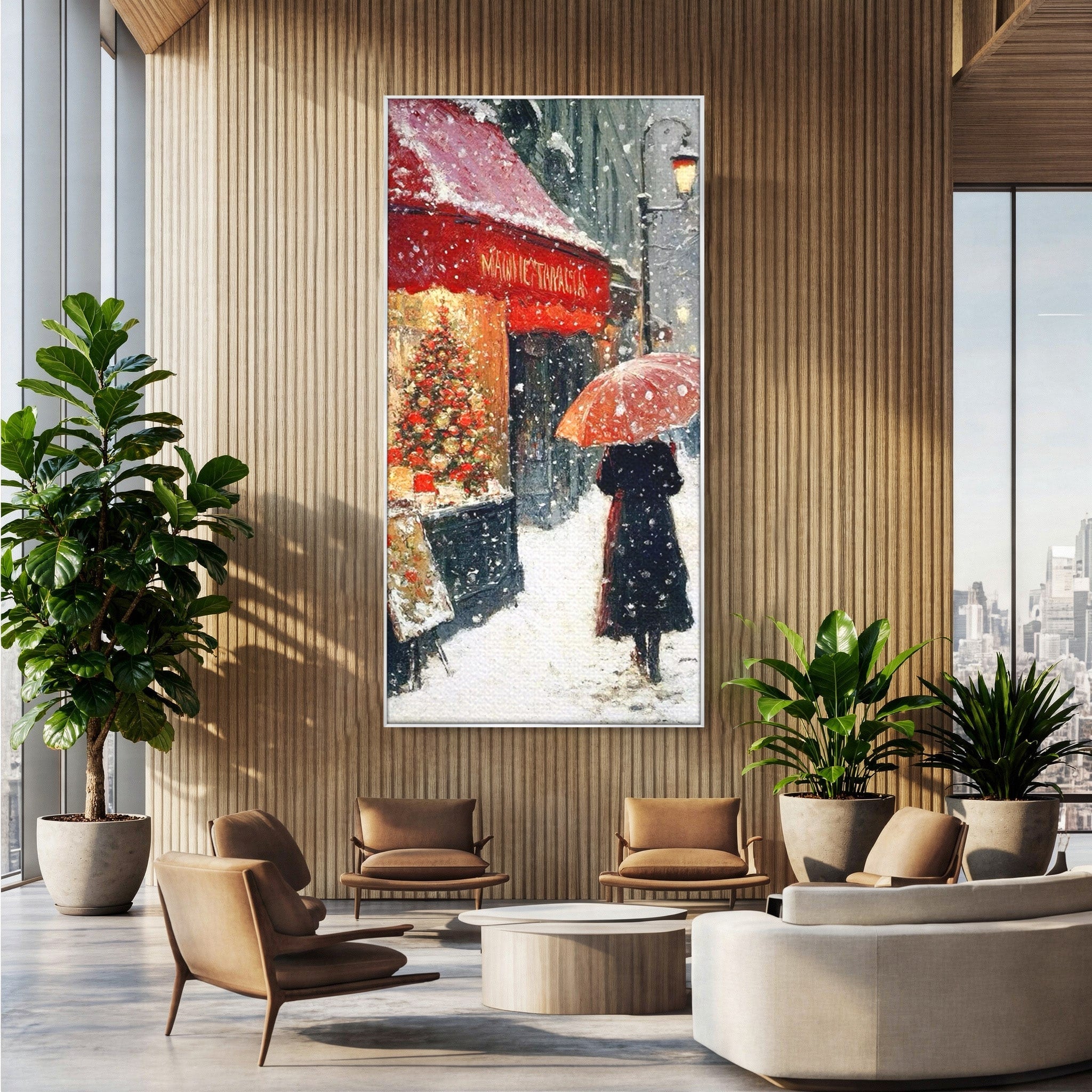 Tablou Canvas Premium LuxCanva® PI1396, Plimbare Pe Ninsoare, Iarna, Craciun, Noapte, Ajun, Oras, Umbrela, Romantic, Culori Vibrante, Living, Dormitor