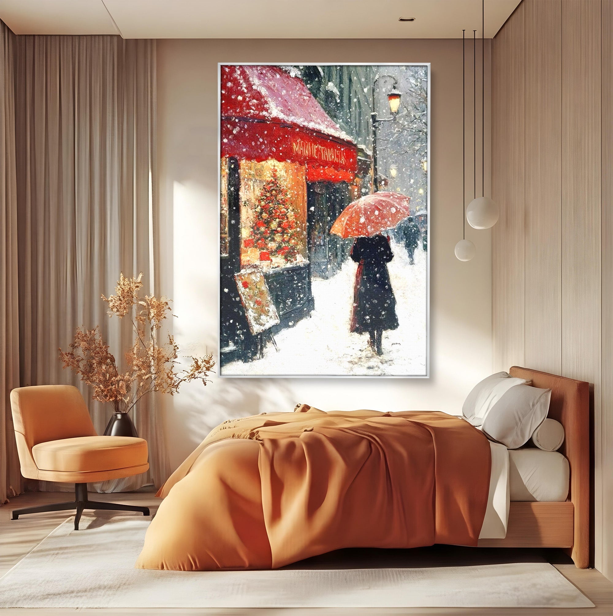 Tablou Canvas Premium LuxCanva® PI1396, Plimbare Pe Ninsoare, Iarna, Craciun, Noapte, Ajun, Oras, Umbrela, Romantic, Culori Vibrante, Living, Dormitor