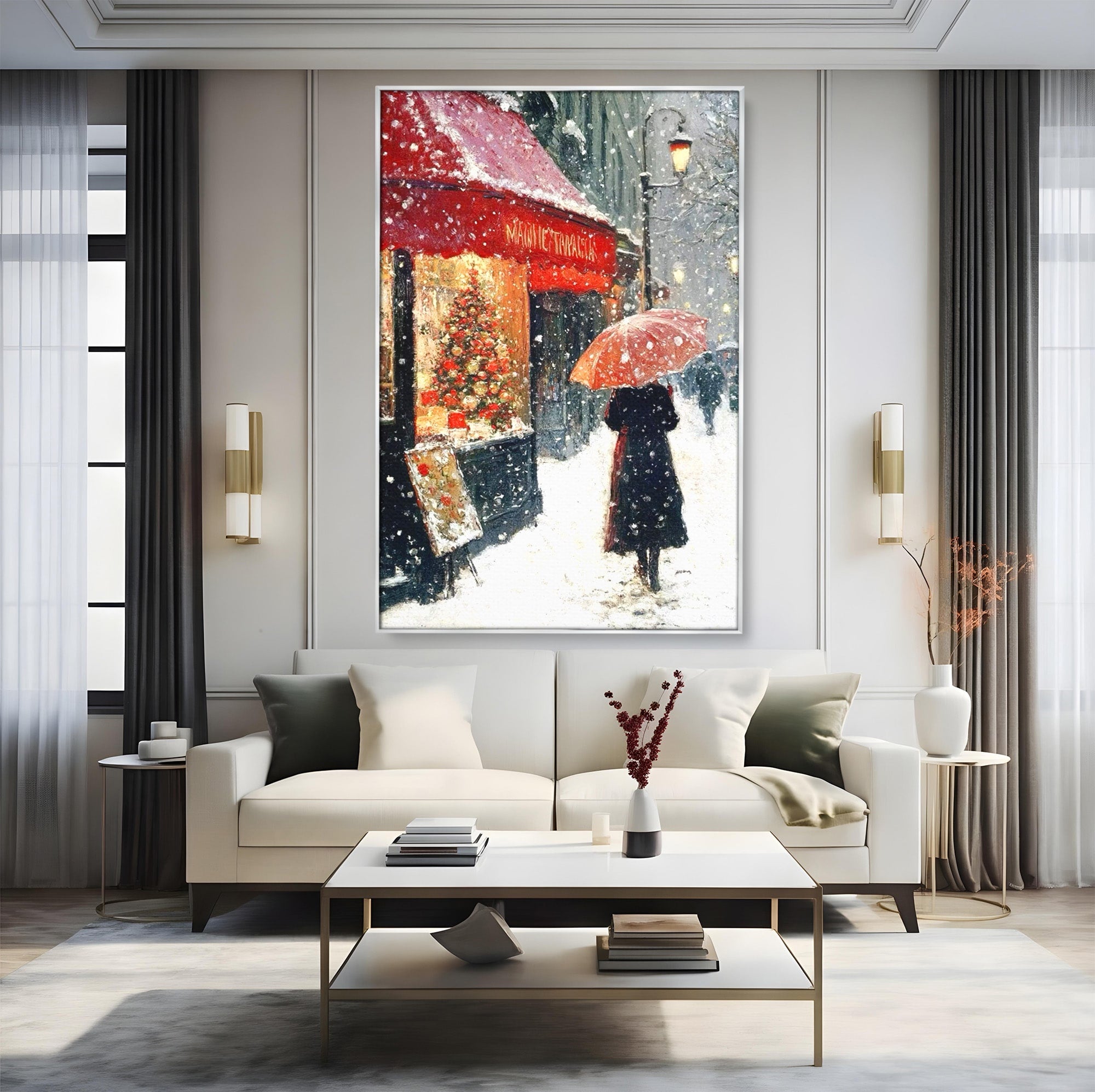 Tablou Canvas Premium LuxCanva® PI1396, Plimbare Pe Ninsoare, Iarna, Craciun, Noapte, Ajun, Oras, Umbrela, Romantic, Culori Vibrante, Living, Dormitor