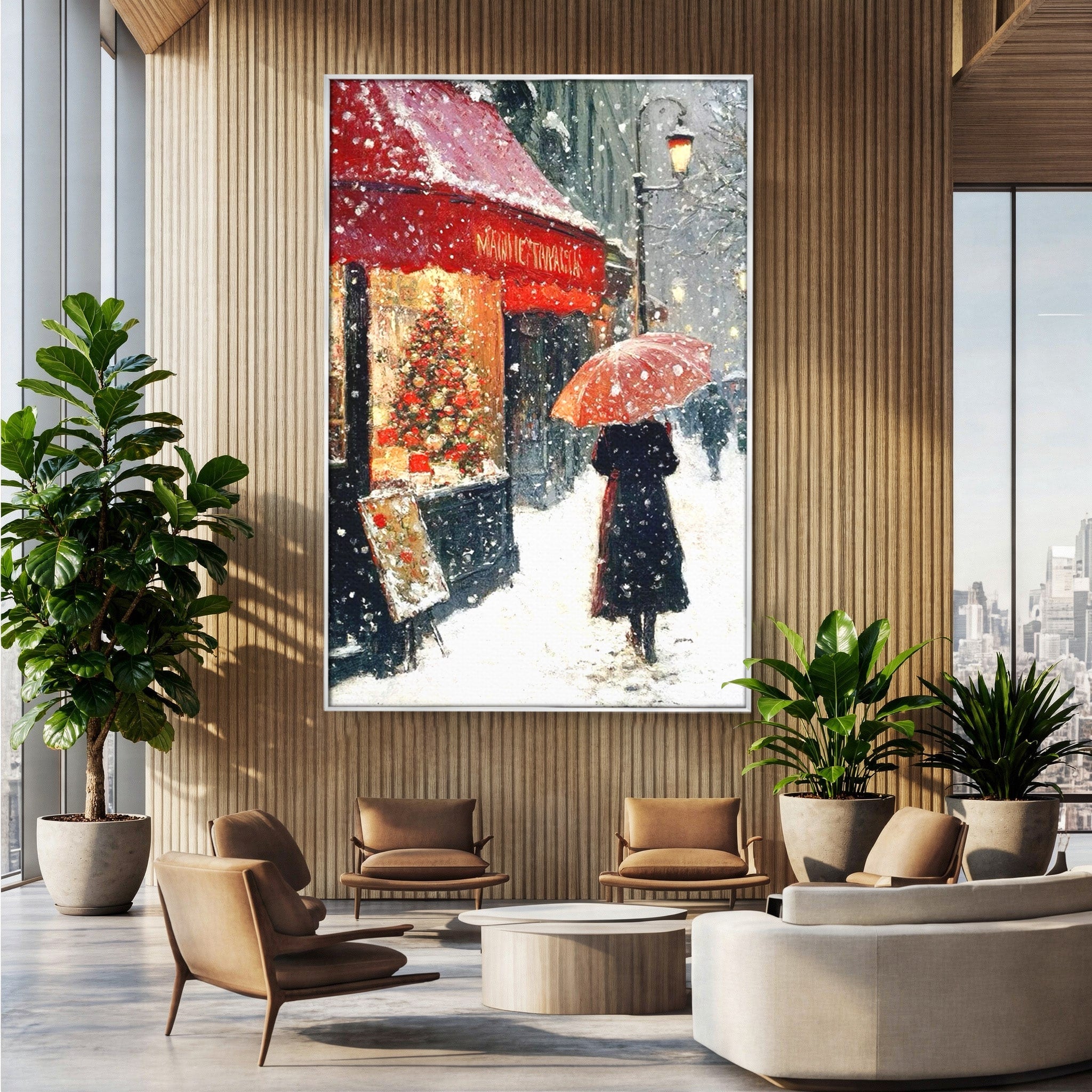 Tablou Canvas Premium LuxCanva® PI1396, Plimbare Pe Ninsoare, Iarna, Craciun, Noapte, Ajun, Oras, Umbrela, Romantic, Culori Vibrante, Living, Dormitor