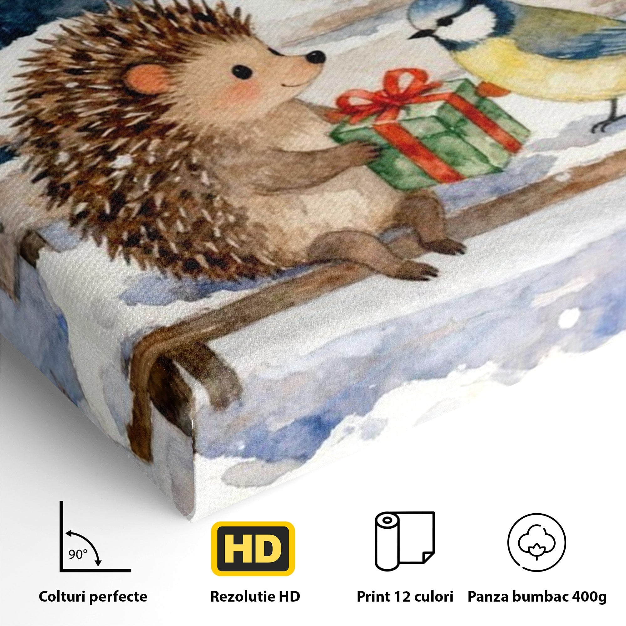 Tablou Canvas Premium LuxCanva® PI1397, Craciunul Micilor Prieteni, Arici, Pasare, Iarna, Cadou, Culori Vibrante, Living, Dormitor, Camera Copii