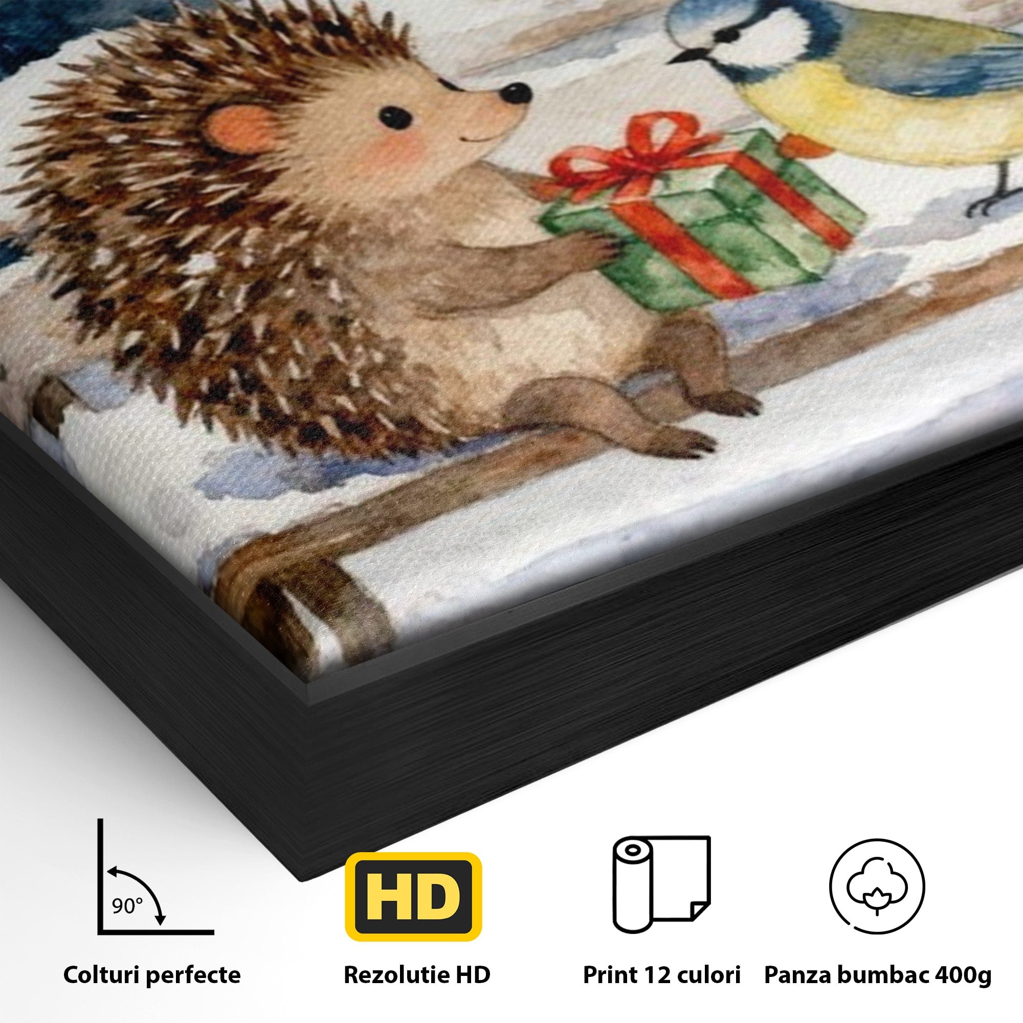 Tablou Canvas Premium LuxCanva® PI1397, Craciunul Micilor Prieteni, Arici, Pasare, Iarna, Cadou, Culori Vibrante, Living, Dormitor, Camera Copii