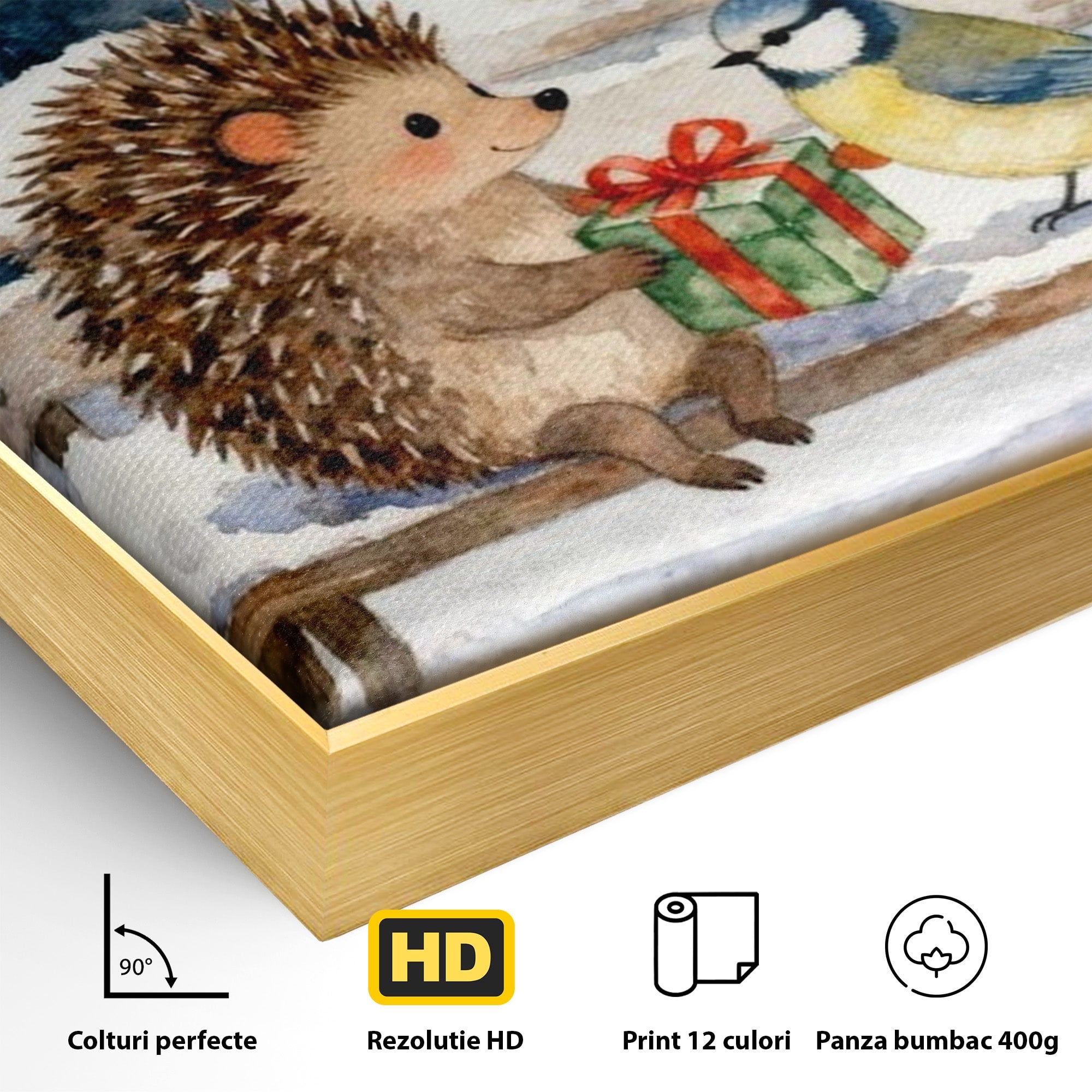 Tablou Canvas Premium LuxCanva® PI1397, Craciunul Micilor Prieteni, Arici, Pasare, Iarna, Cadou, Culori Vibrante, Living, Dormitor, Camera Copii