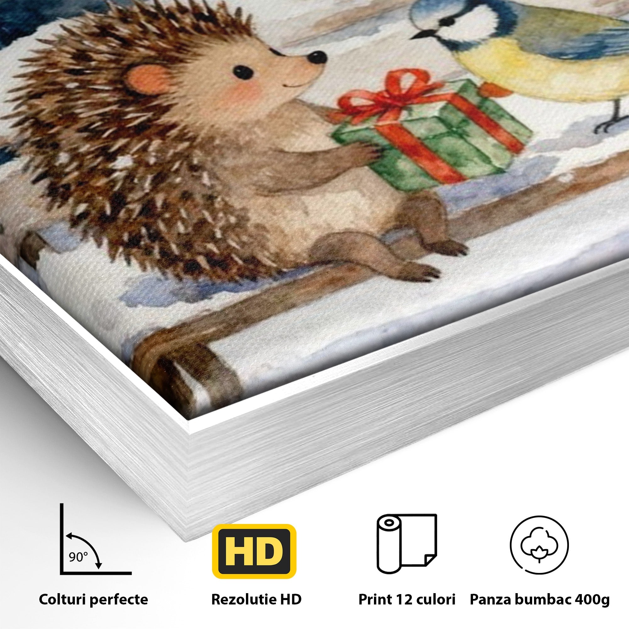 Tablou Canvas Premium LuxCanva® PI1397, Craciunul Micilor Prieteni, Arici, Pasare, Iarna, Cadou, Culori Vibrante, Living, Dormitor, Camera Copii