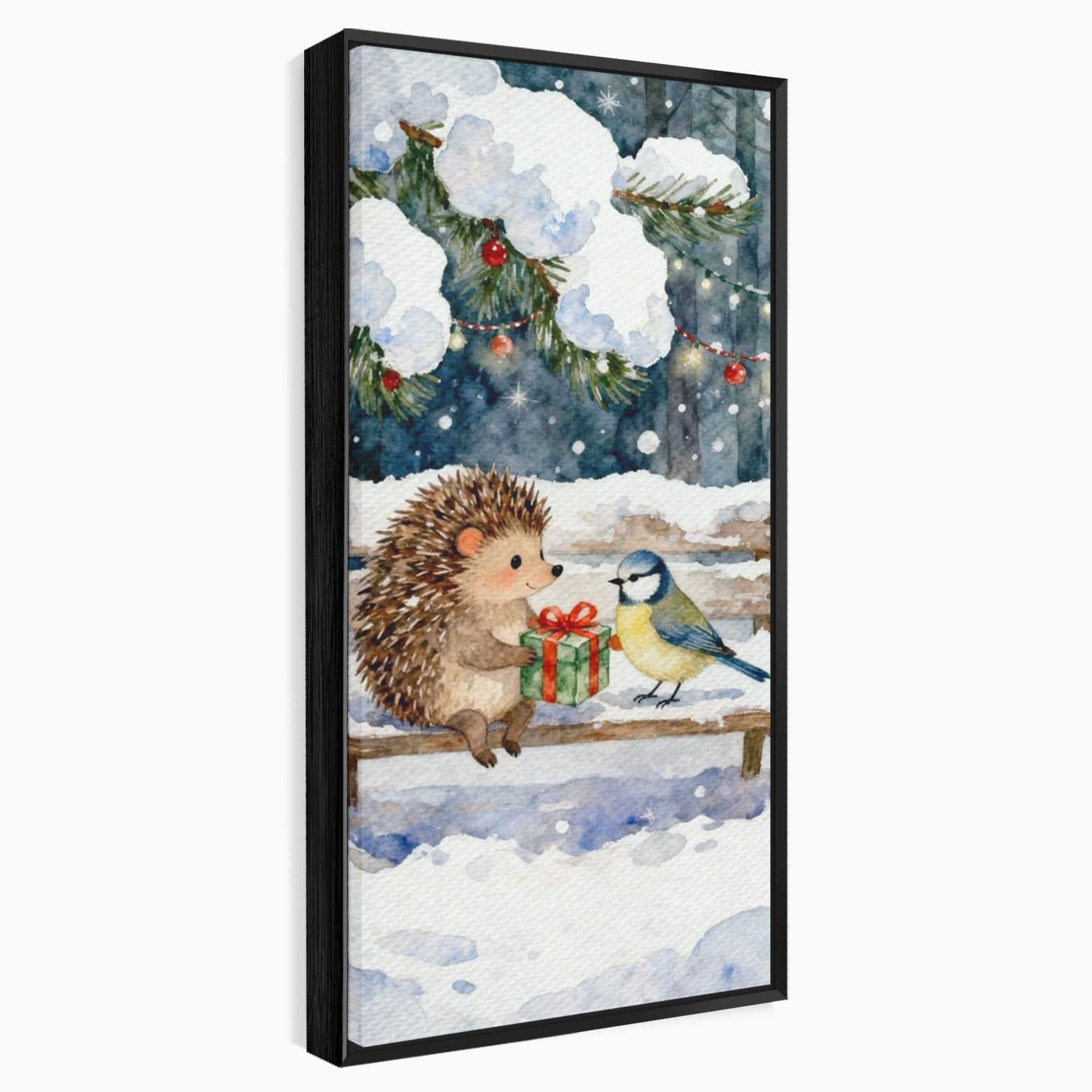 Tablou Canvas Premium LuxCanva® PI1397, Craciunul Micilor Prieteni, Arici, Pasare, Iarna, Cadou, Culori Vibrante, Living, Dormitor, Camera Copii