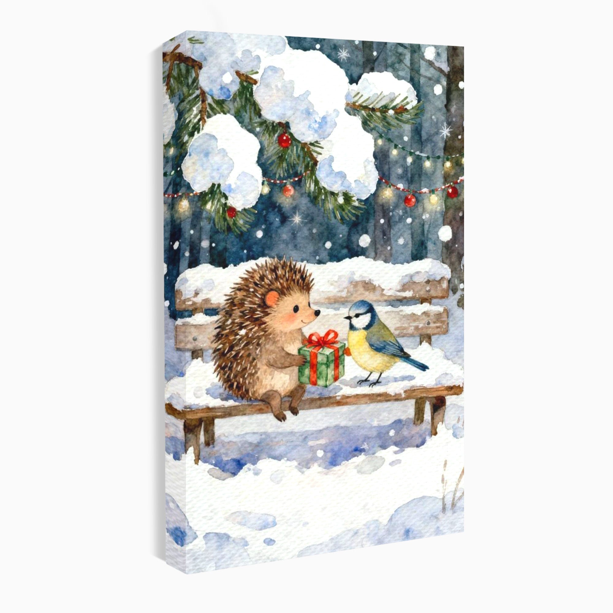 Tablou Canvas Premium LuxCanva® PI1397, Craciunul Micilor Prieteni, Arici, Pasare, Iarna, Cadou, Culori Vibrante, Living, Dormitor, Camera Copii