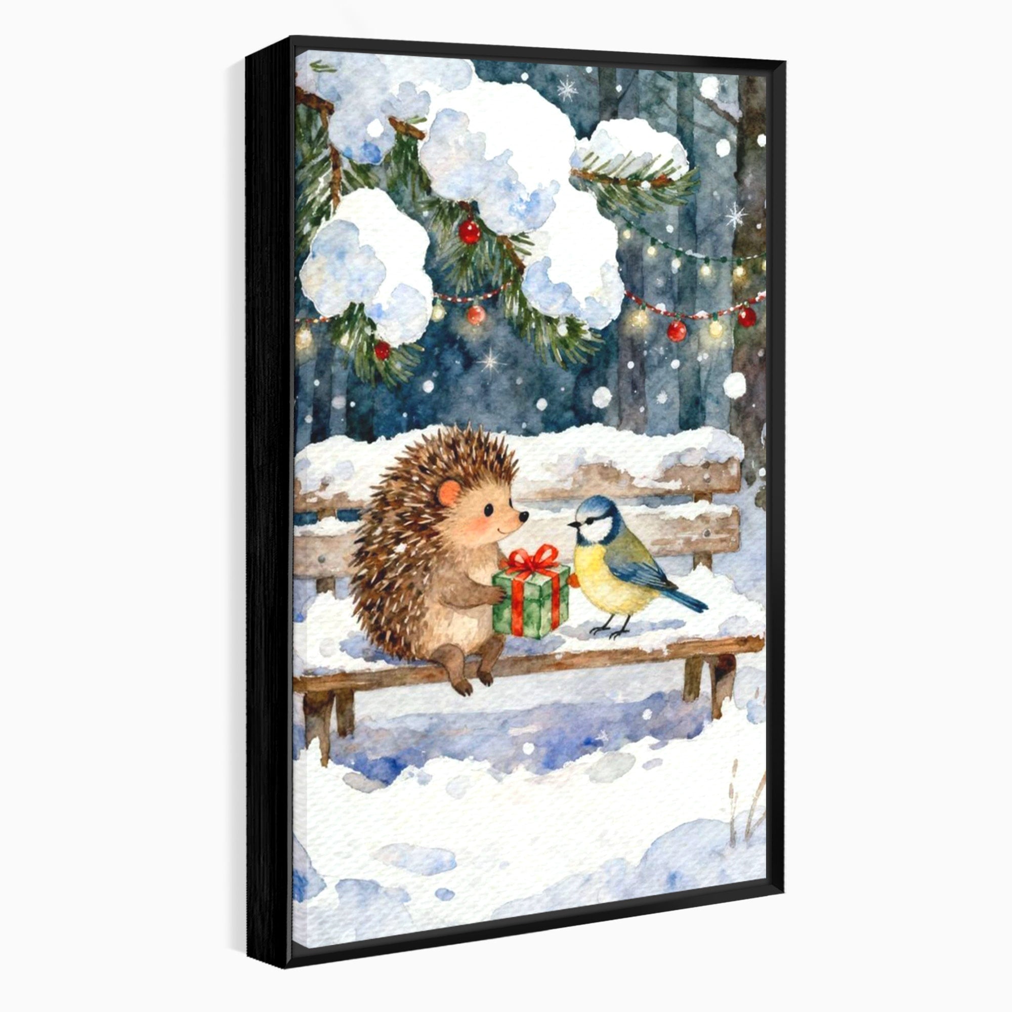 Tablou Canvas Premium LuxCanva® PI1397, Craciunul Micilor Prieteni, Arici, Pasare, Iarna, Cadou, Culori Vibrante, Living, Dormitor, Camera Copii