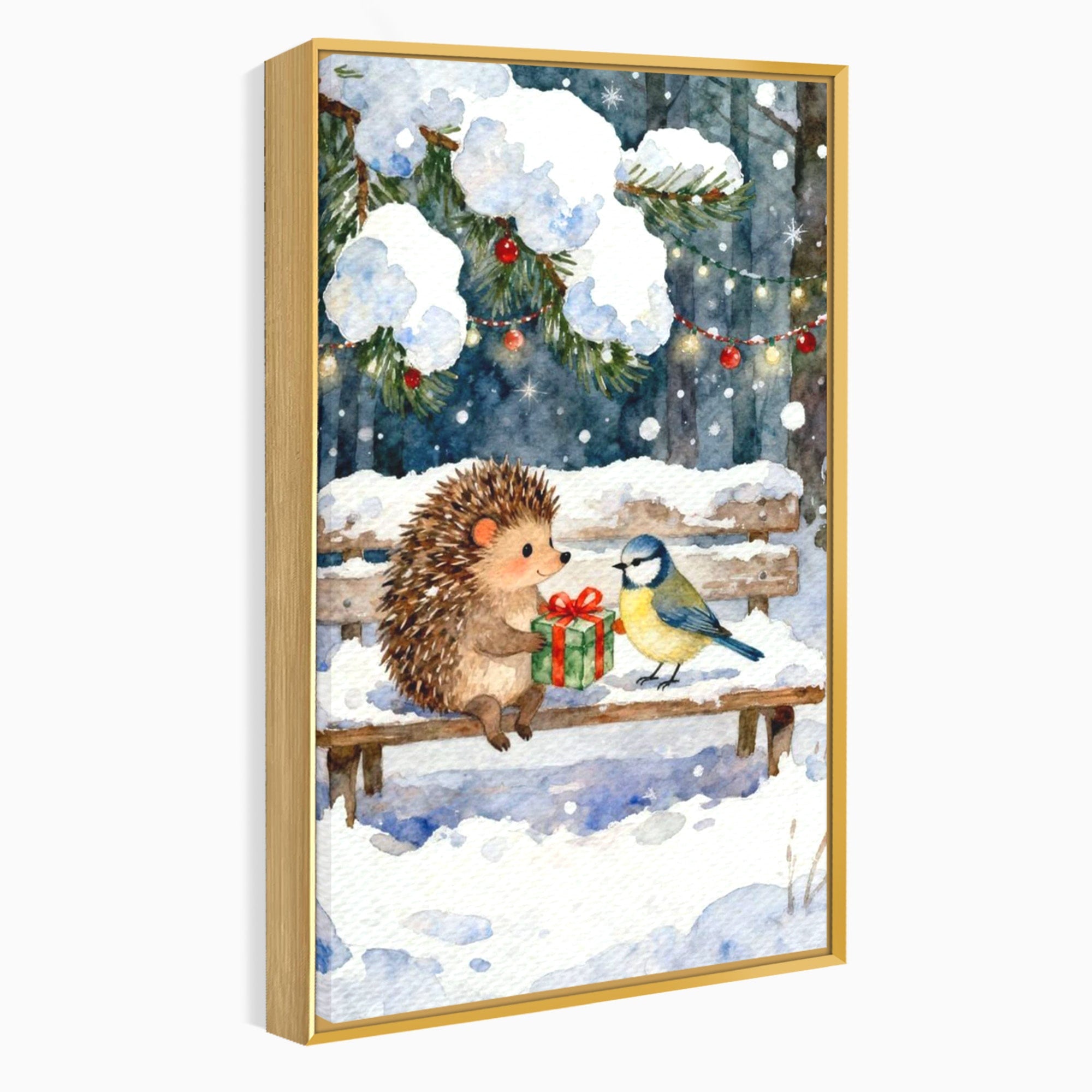 Tablou Canvas Premium LuxCanva® PI1397, Craciunul Micilor Prieteni, Arici, Pasare, Iarna, Cadou, Culori Vibrante, Living, Dormitor, Camera Copii