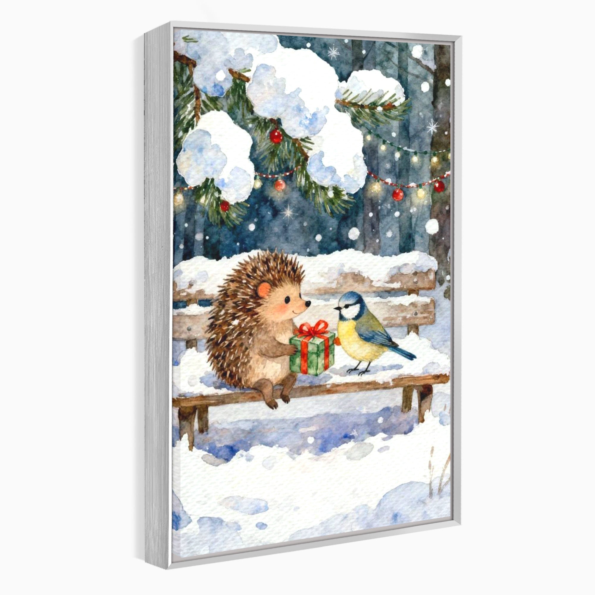 Tablou Canvas Premium LuxCanva® PI1397, Craciunul Micilor Prieteni, Arici, Pasare, Iarna, Cadou, Culori Vibrante, Living, Dormitor, Camera Copii