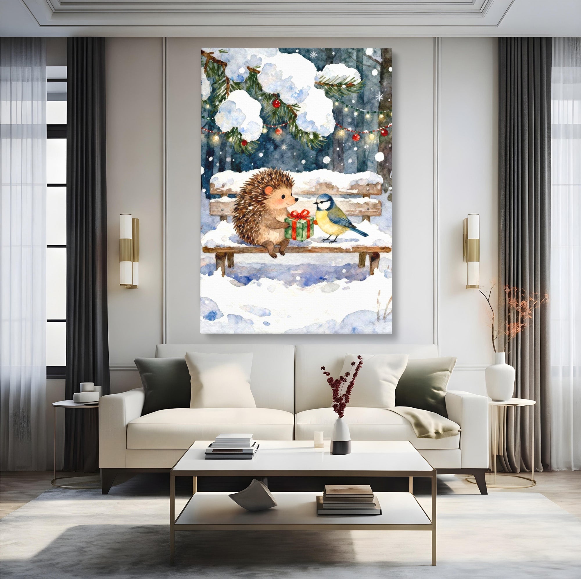 Tablou Canvas Premium LuxCanva® PI1397, Craciunul Micilor Prieteni, Arici, Pasare, Iarna, Cadou, Culori Vibrante, Living, Dormitor, Camera Copii