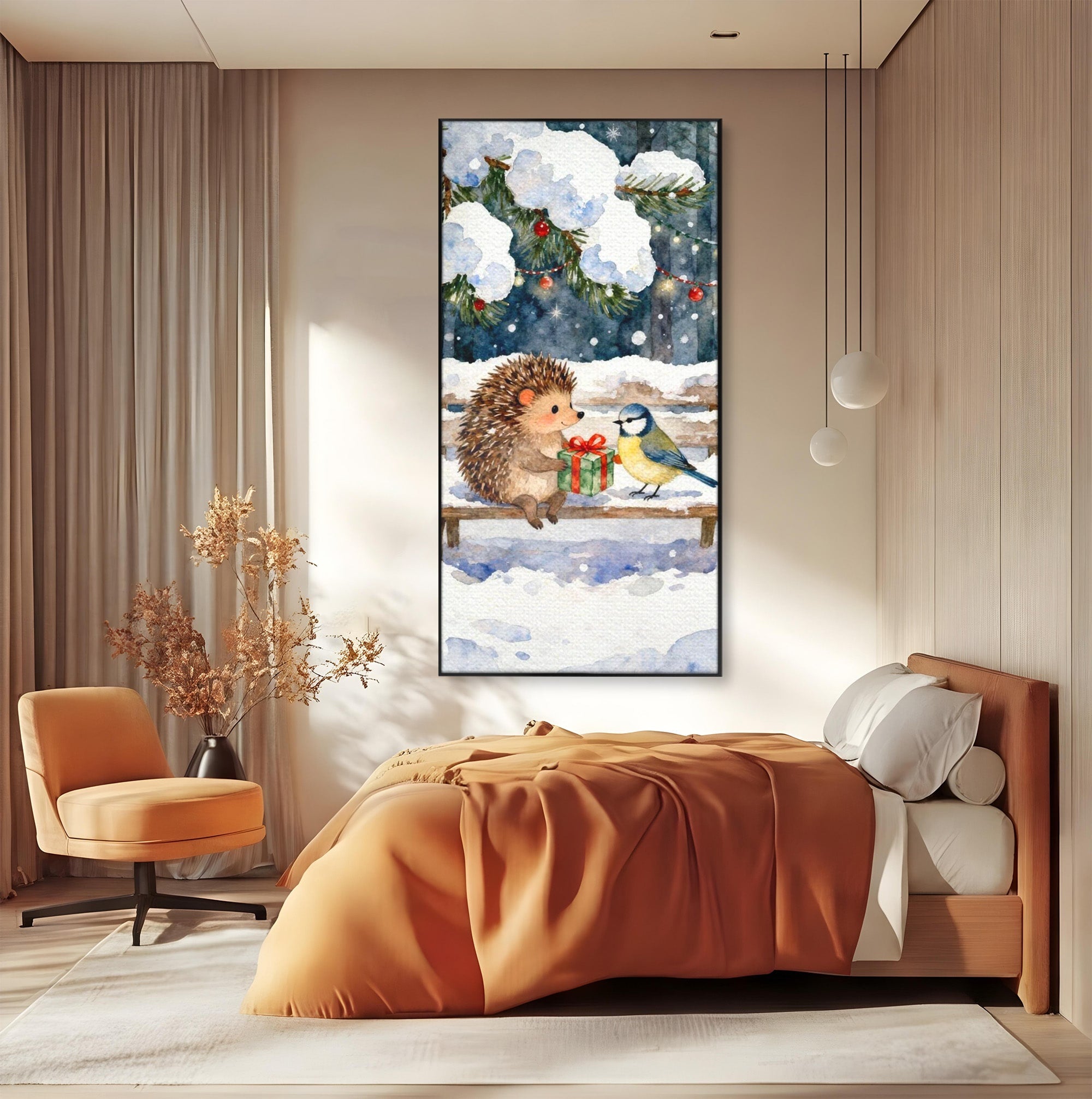 Tablou Canvas Premium LuxCanva® PI1397, Craciunul Micilor Prieteni, Arici, Pasare, Iarna, Cadou, Culori Vibrante, Living, Dormitor, Camera Copii