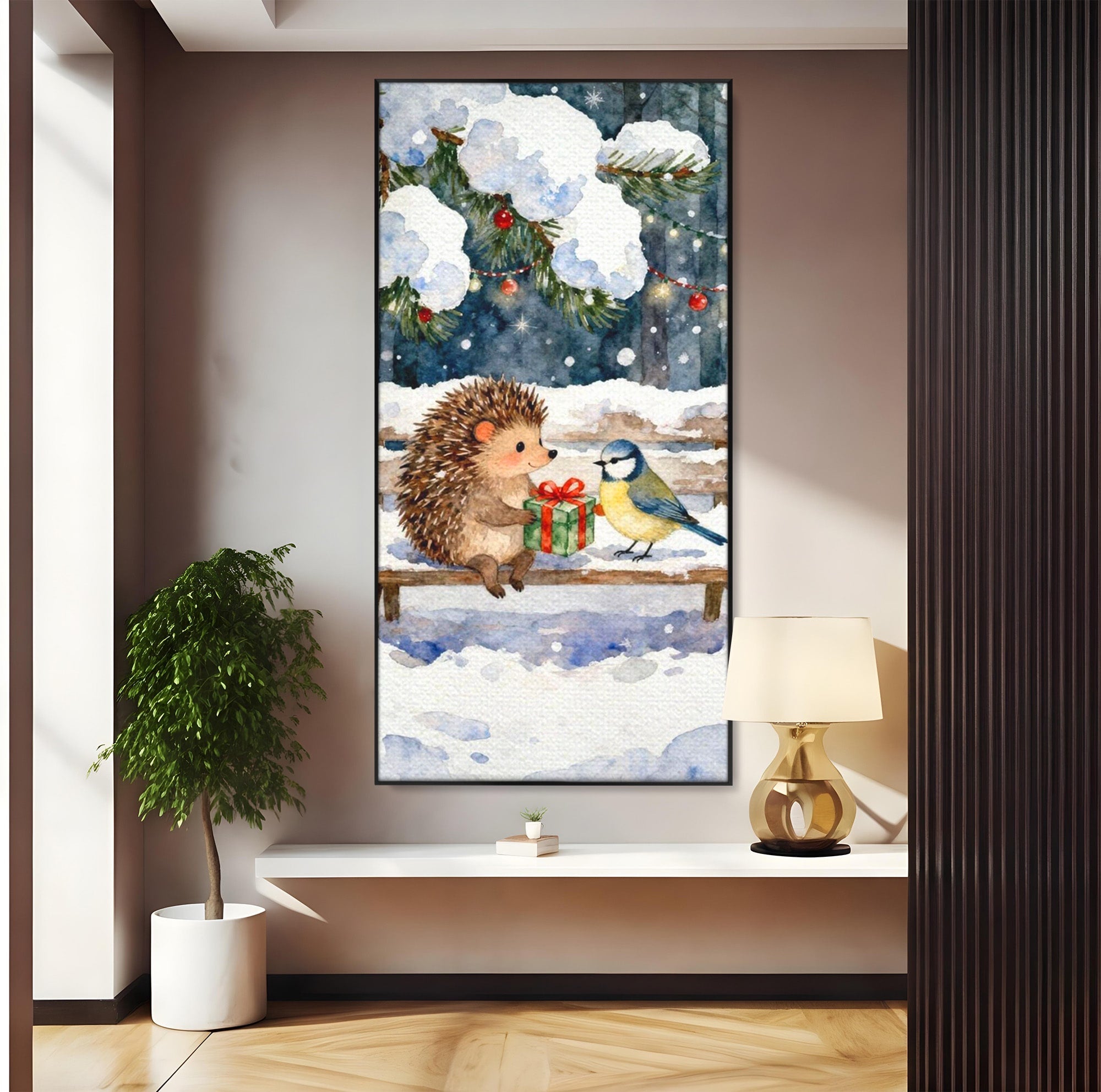Tablou Canvas Premium LuxCanva® PI1397, Craciunul Micilor Prieteni, Arici, Pasare, Iarna, Cadou, Culori Vibrante, Living, Dormitor, Camera Copii