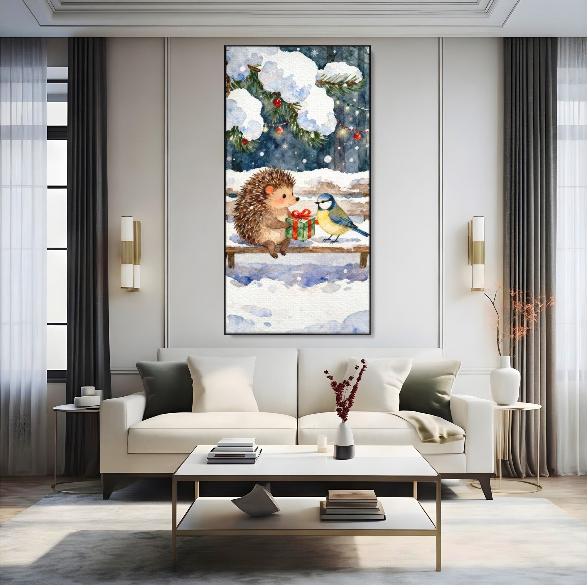 Tablou Canvas Premium LuxCanva® PI1397, Craciunul Micilor Prieteni, Arici, Pasare, Iarna, Cadou, Culori Vibrante, Living, Dormitor, Camera Copii
