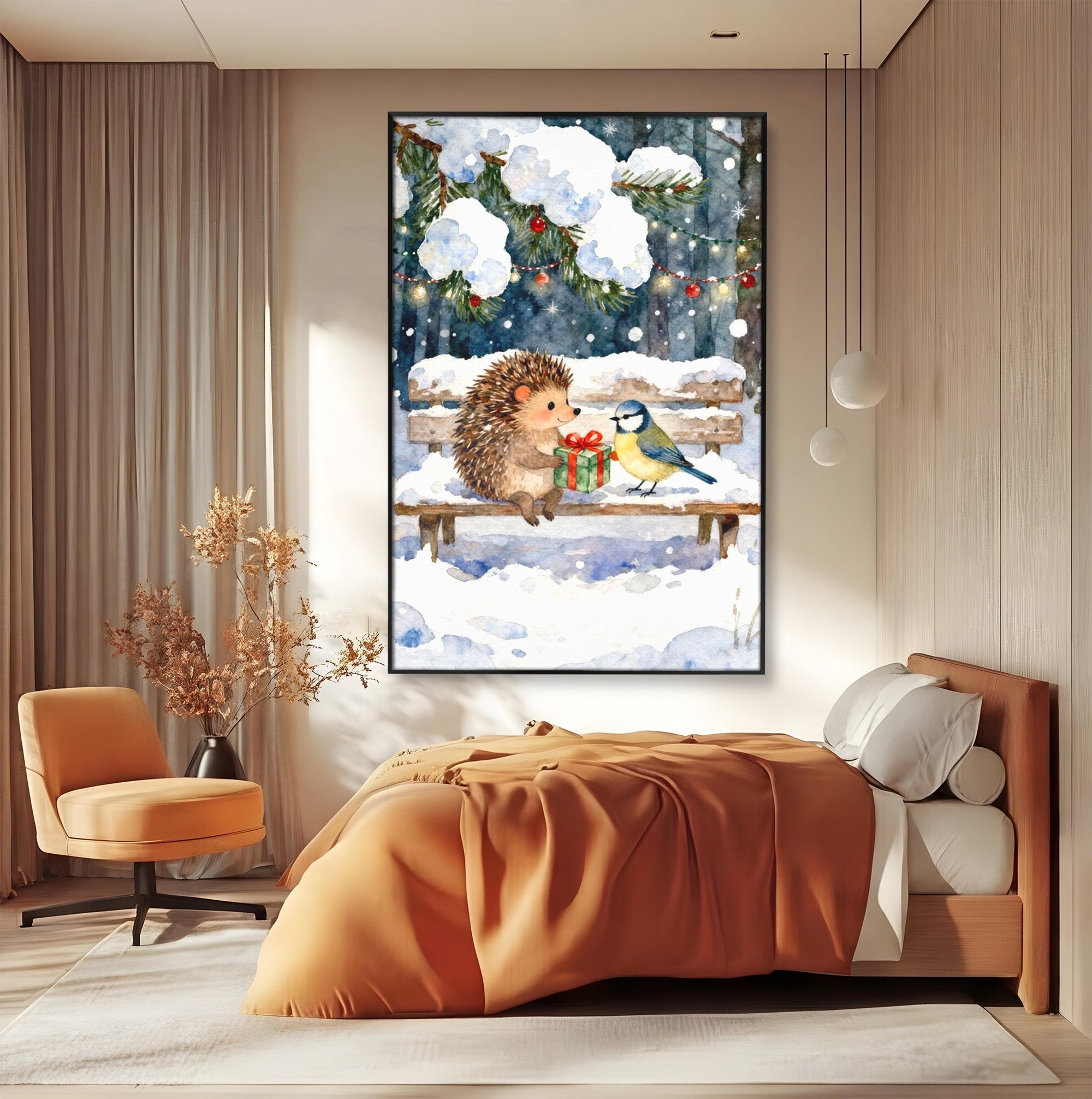 Tablou Canvas Premium LuxCanva® PI1397, Craciunul Micilor Prieteni, Arici, Pasare, Iarna, Cadou, Culori Vibrante, Living, Dormitor, Camera Copii