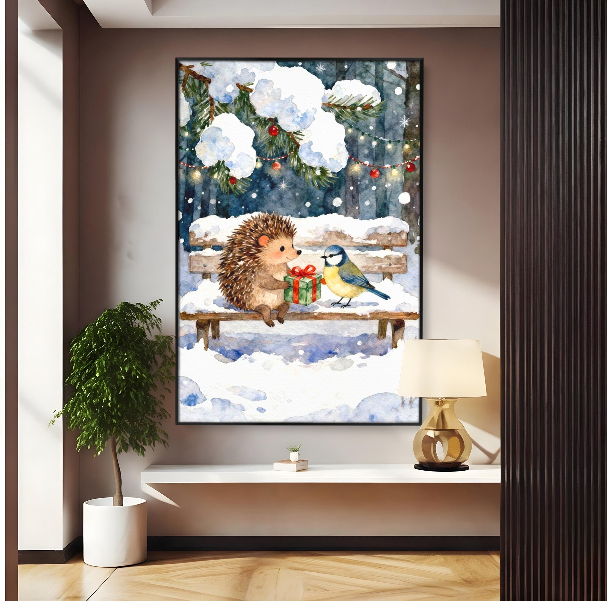 Tablou Canvas Premium LuxCanva® PI1397, Craciunul Micilor Prieteni, Arici, Pasare, Iarna, Cadou, Culori Vibrante, Living, Dormitor, Camera Copii