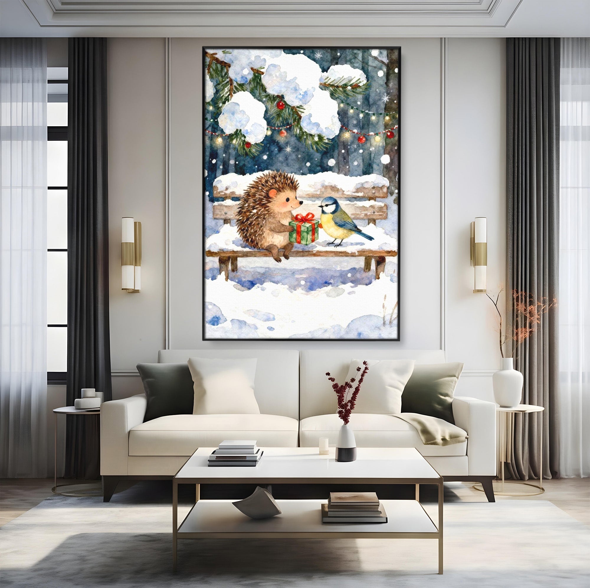 Tablou Canvas Premium LuxCanva® PI1397, Craciunul Micilor Prieteni, Arici, Pasare, Iarna, Cadou, Culori Vibrante, Living, Dormitor, Camera Copii